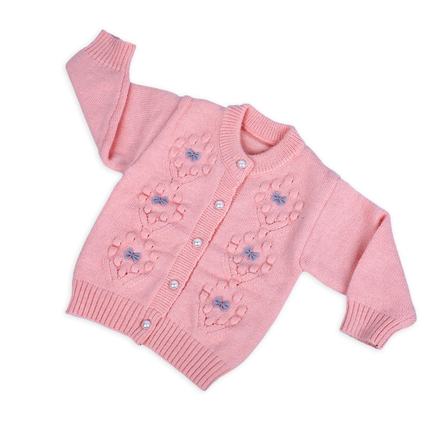 Elegant Bow And Pearl Buttons Premium Full Sleeves Knitted Sweater - Pink - Baby Moo