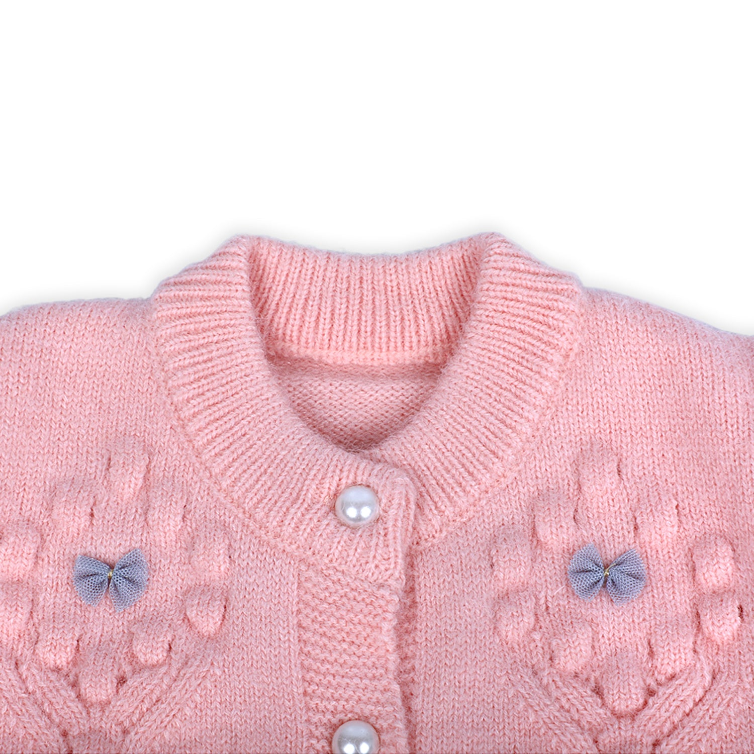 Elegant Bow And Pearl Buttons Premium Full Sleeves Knitted Sweater - Pink - Baby Moo