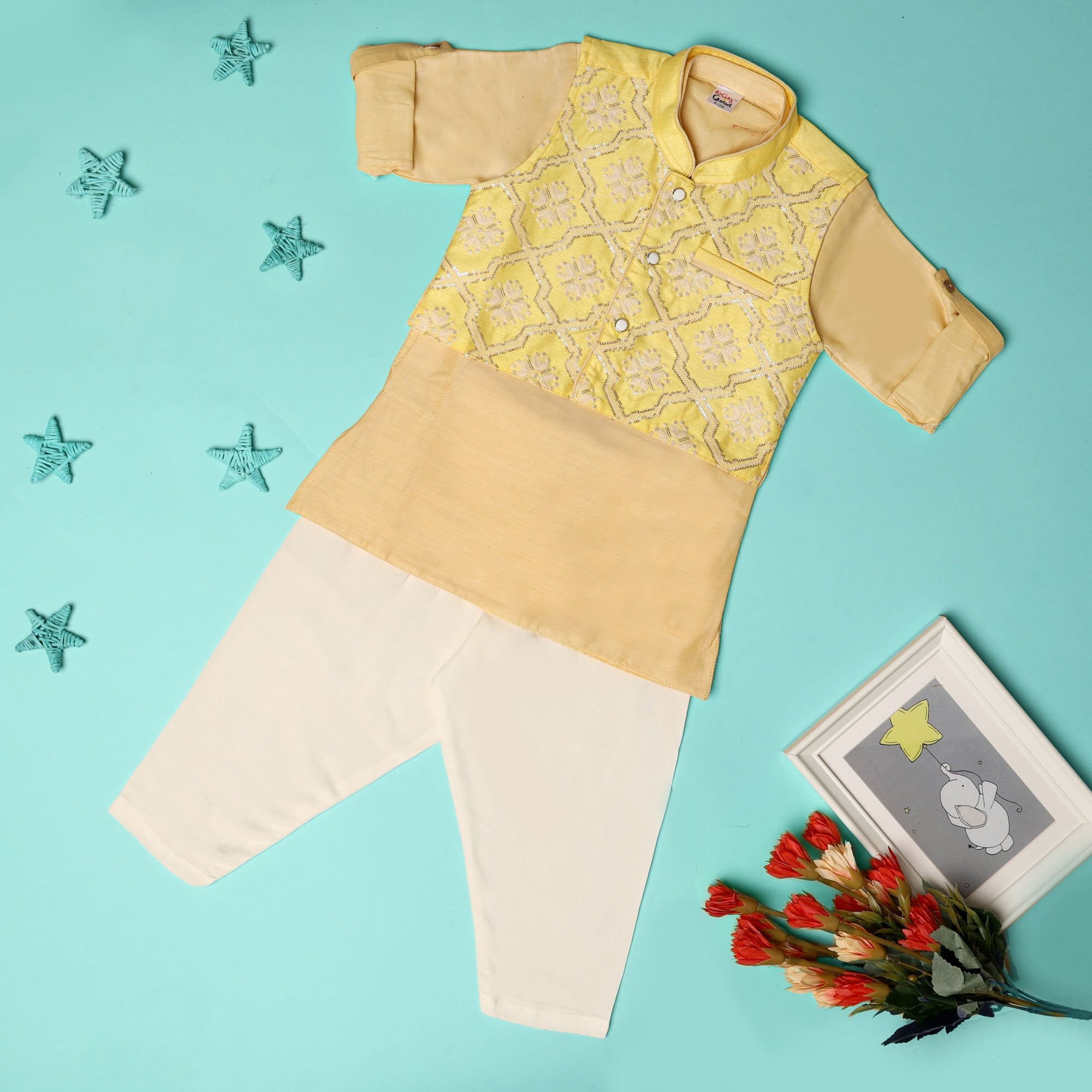 Kicks & Crawl Cream & Yellow Dhoti Kurta Set - Baby Moo