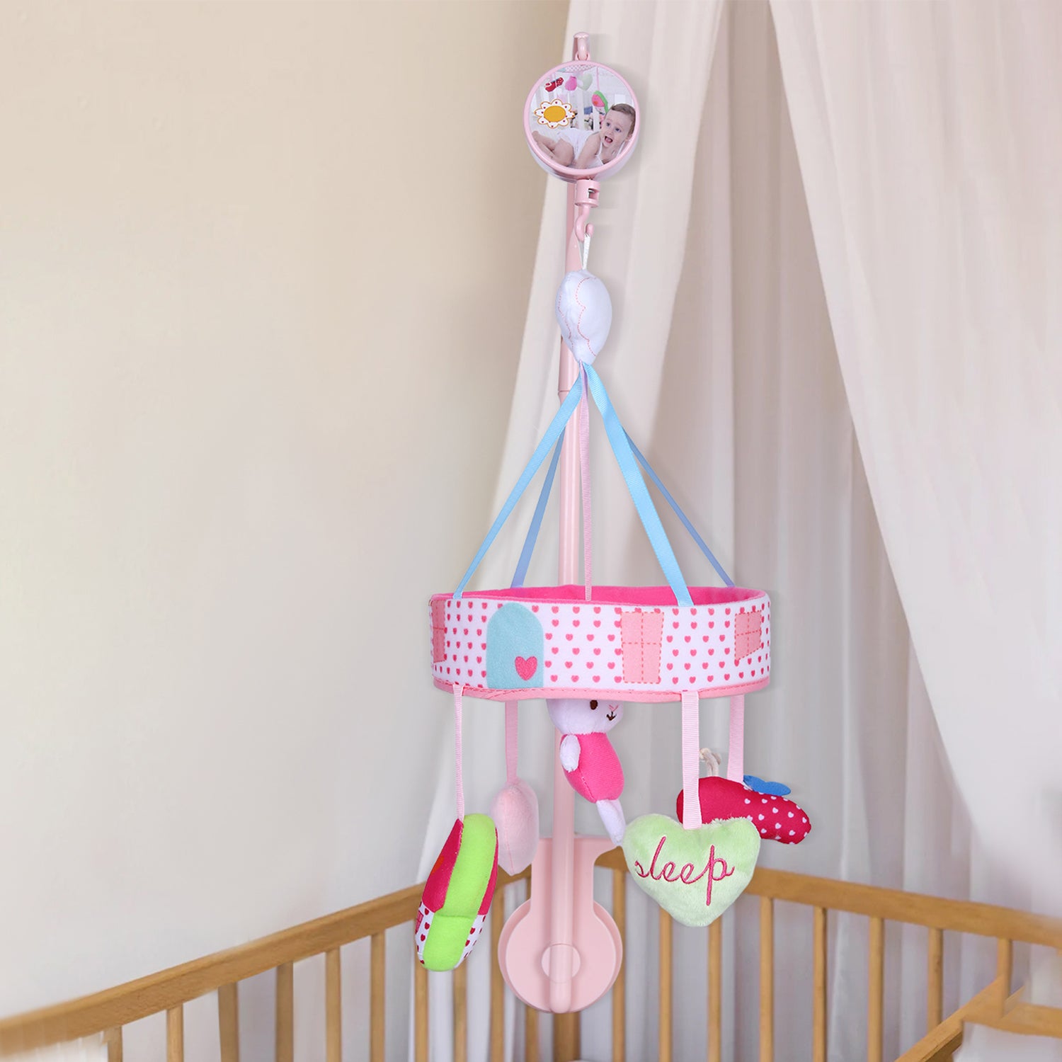 Rabbit Premium Musical Rotating Cot Mobile With Hanging Rattle Toys - Pink - Baby Moo