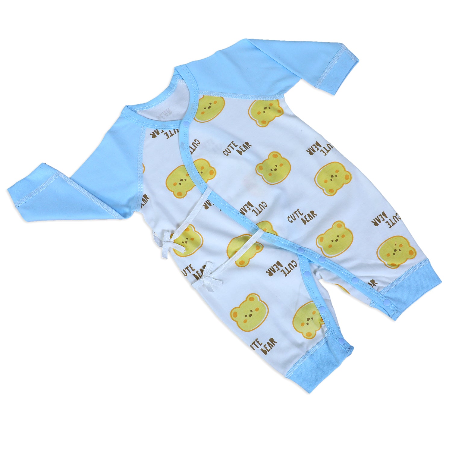 Cute Bear Full Sleeves One-Piece Body Suit With Snap Buttons Tie Knot And Matching Bib - Blue - Baby Moo