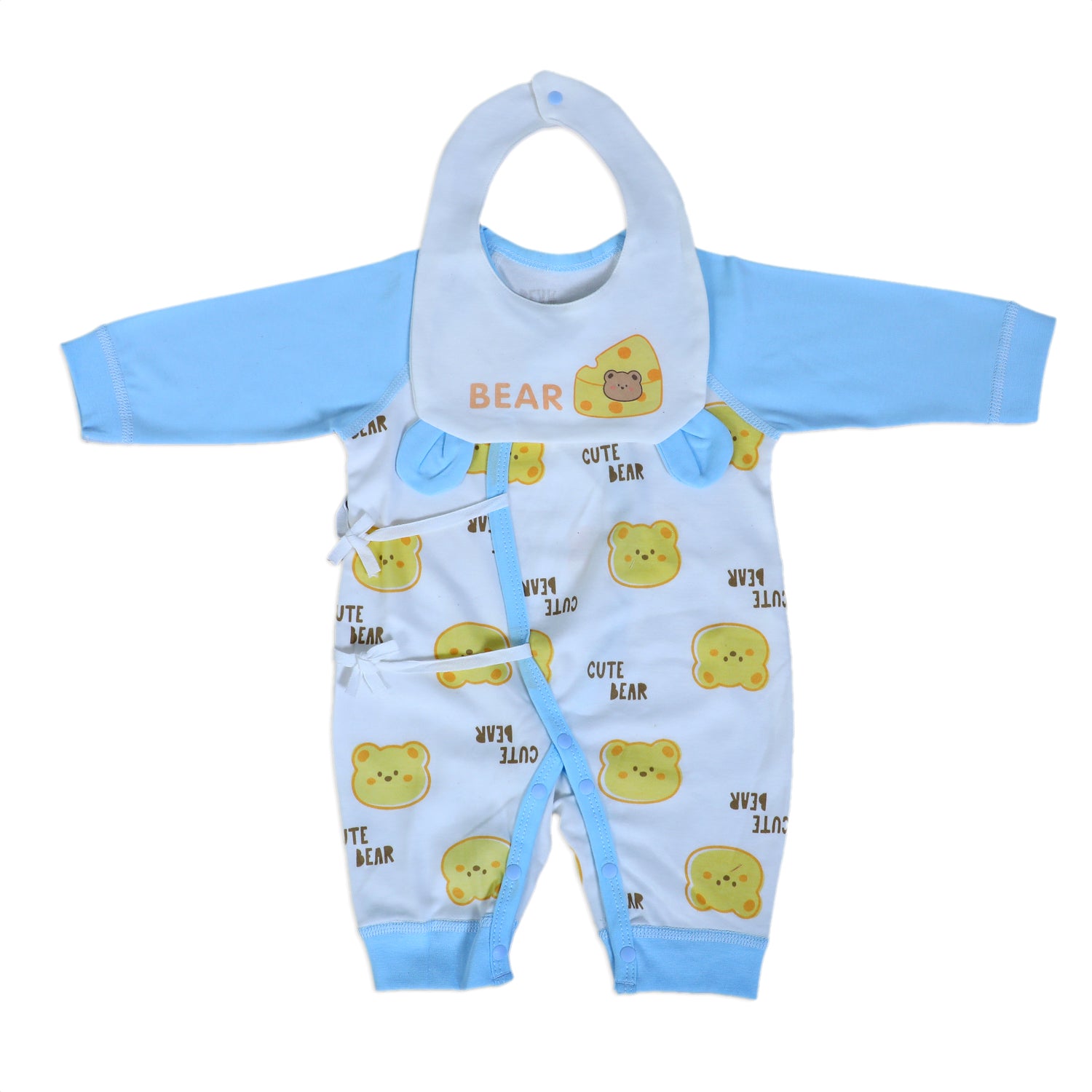 Cute Bear Full Sleeves One-Piece Body Suit With Snap Buttons Tie Knot And Matching Bib - Blue - Baby Moo