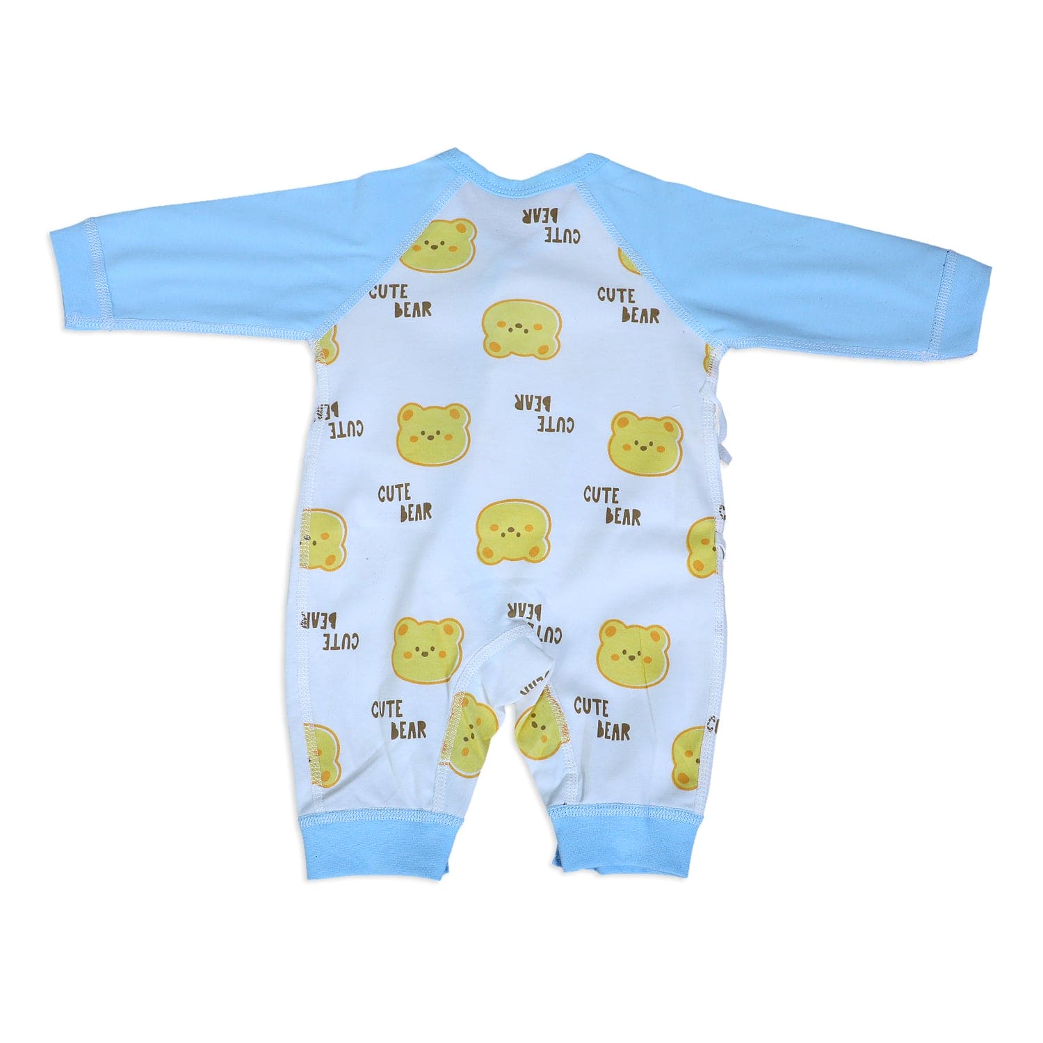 Cute Bear Full Sleeves One-Piece Body Suit With Snap Buttons Tie Knot And Matching Bib - Blue - Baby Moo