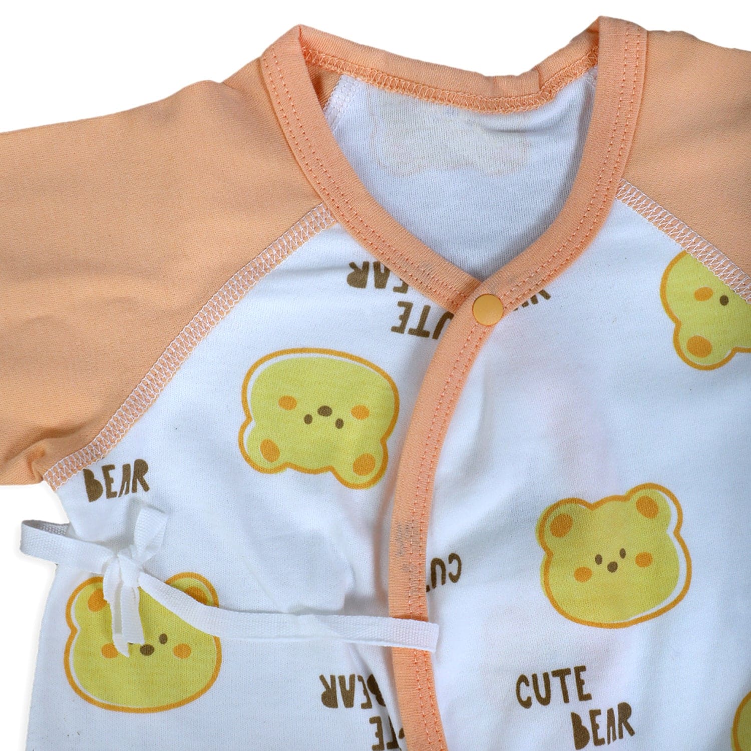 Cute Bear Full Sleeves One-Piece Body Suit With Snap Buttons Tie Knot And Matching Bib - Orange - Baby Moo