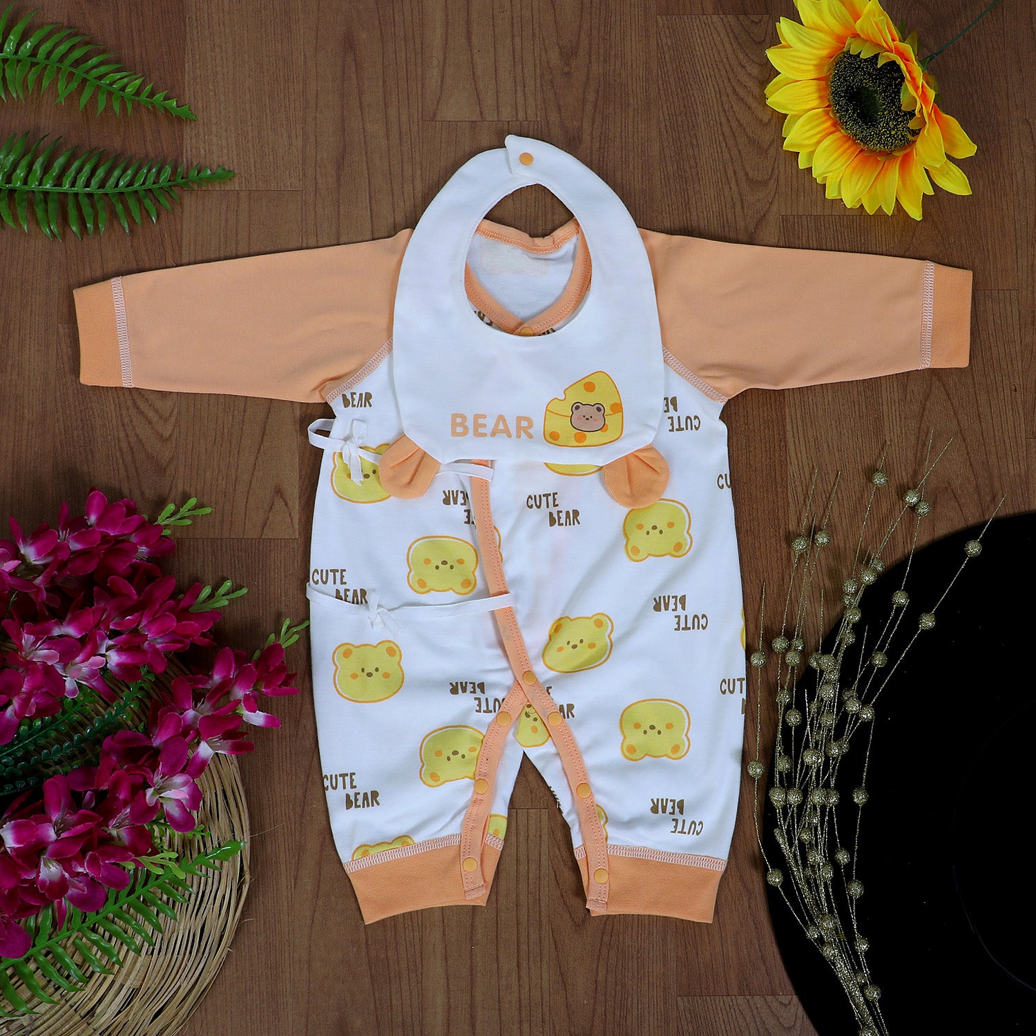 Cute Bear Full Sleeves One-Piece Body Suit With Snap Buttons Tie Knot And Matching Bib - Orange - Baby Moo