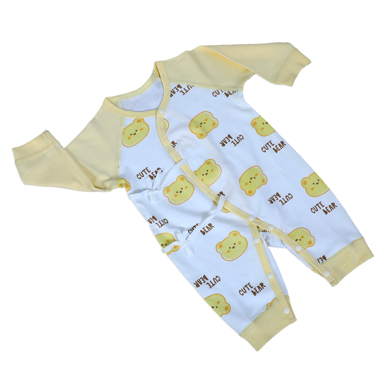 Cute Bear Full Sleeves One-Piece Body Suit With Snap Buttons Tie Knot And Matching Bib - Yellow - Baby Moo