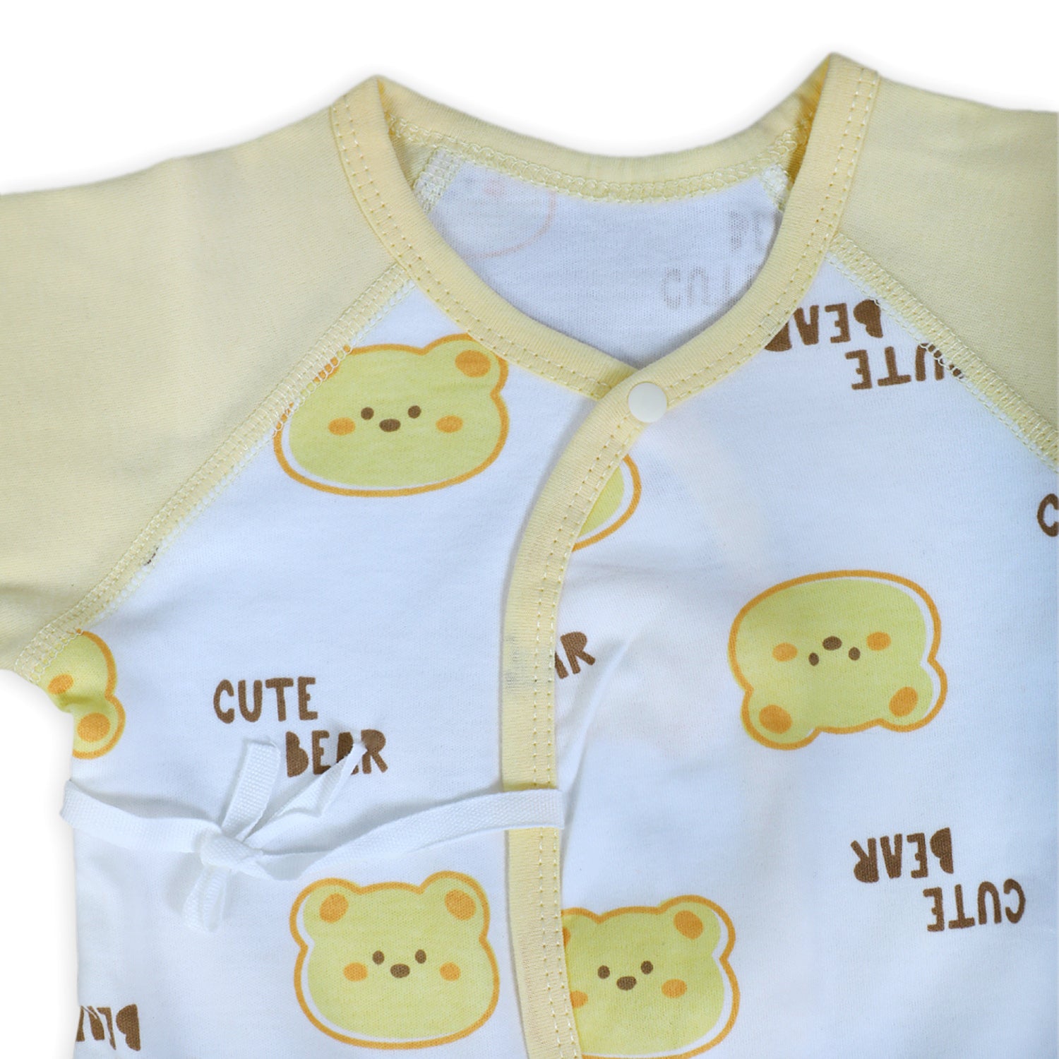 Cute Bear Full Sleeves One-Piece Body Suit With Snap Buttons Tie Knot And Matching Bib - Yellow - Baby Moo