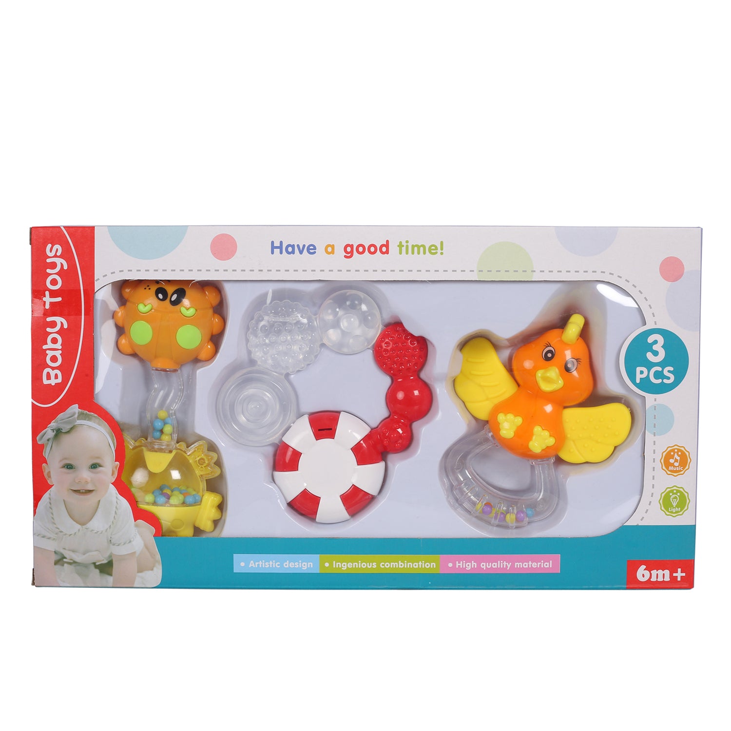 Fun-filled Multicolour Set of 3 Musical Rattle Teether - Baby Moo