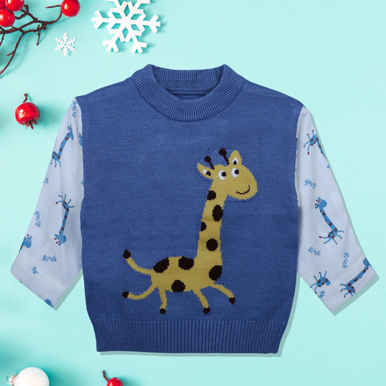 Cute Giraffe Premium Full Sleeves Knitted Sweater - Blue And White - Baby Moo