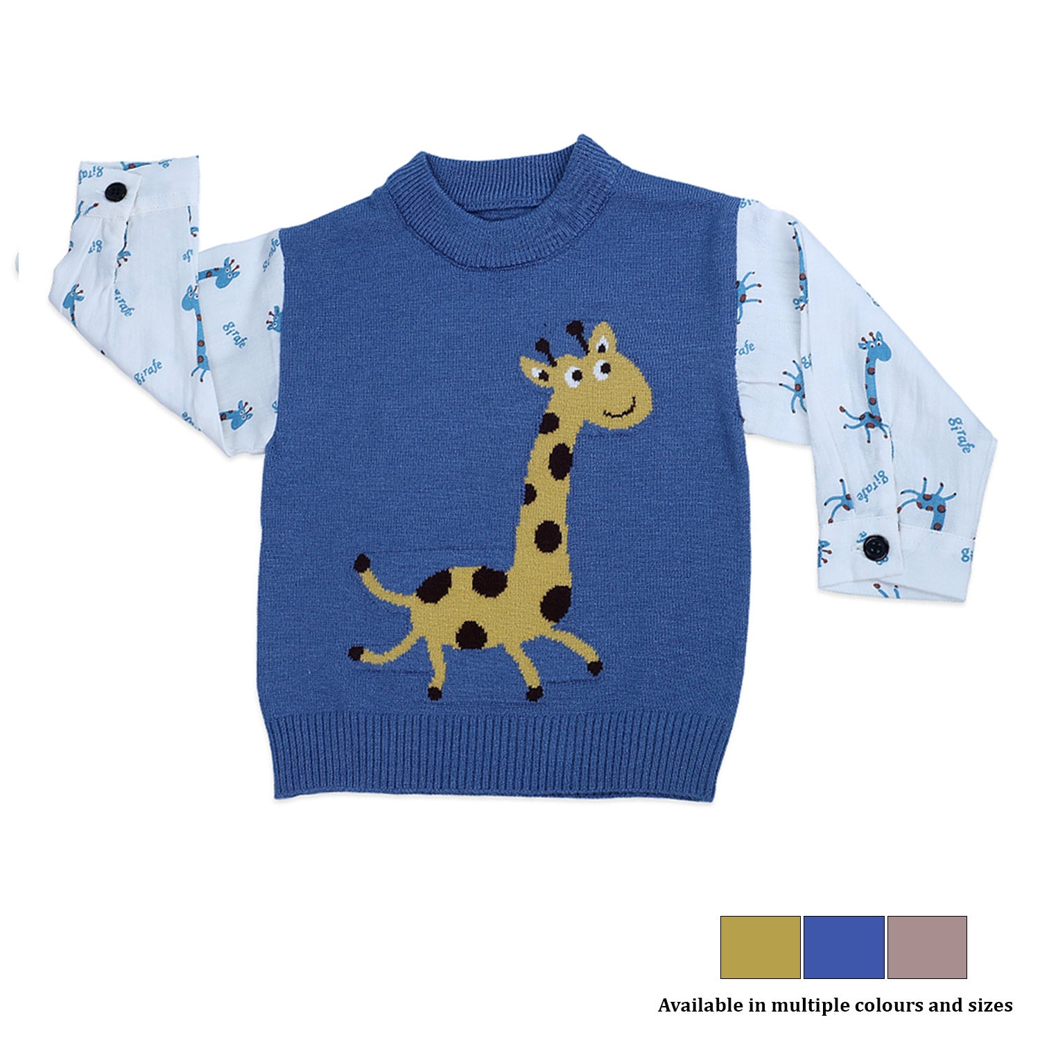Cute Giraffe Premium Full Sleeves Knitted Sweater - Blue And White - Baby Moo