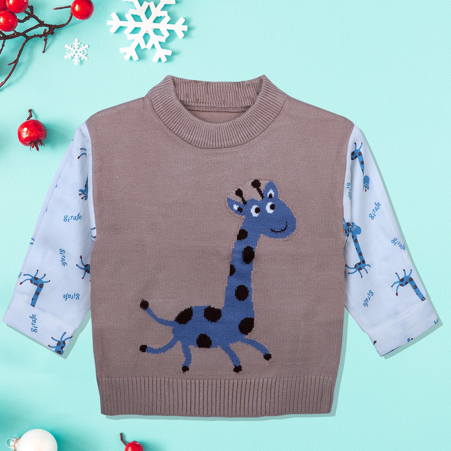 Cute Giraffe Premium Full Sleeves Knitted Sweater - Brown And White - Baby Moo