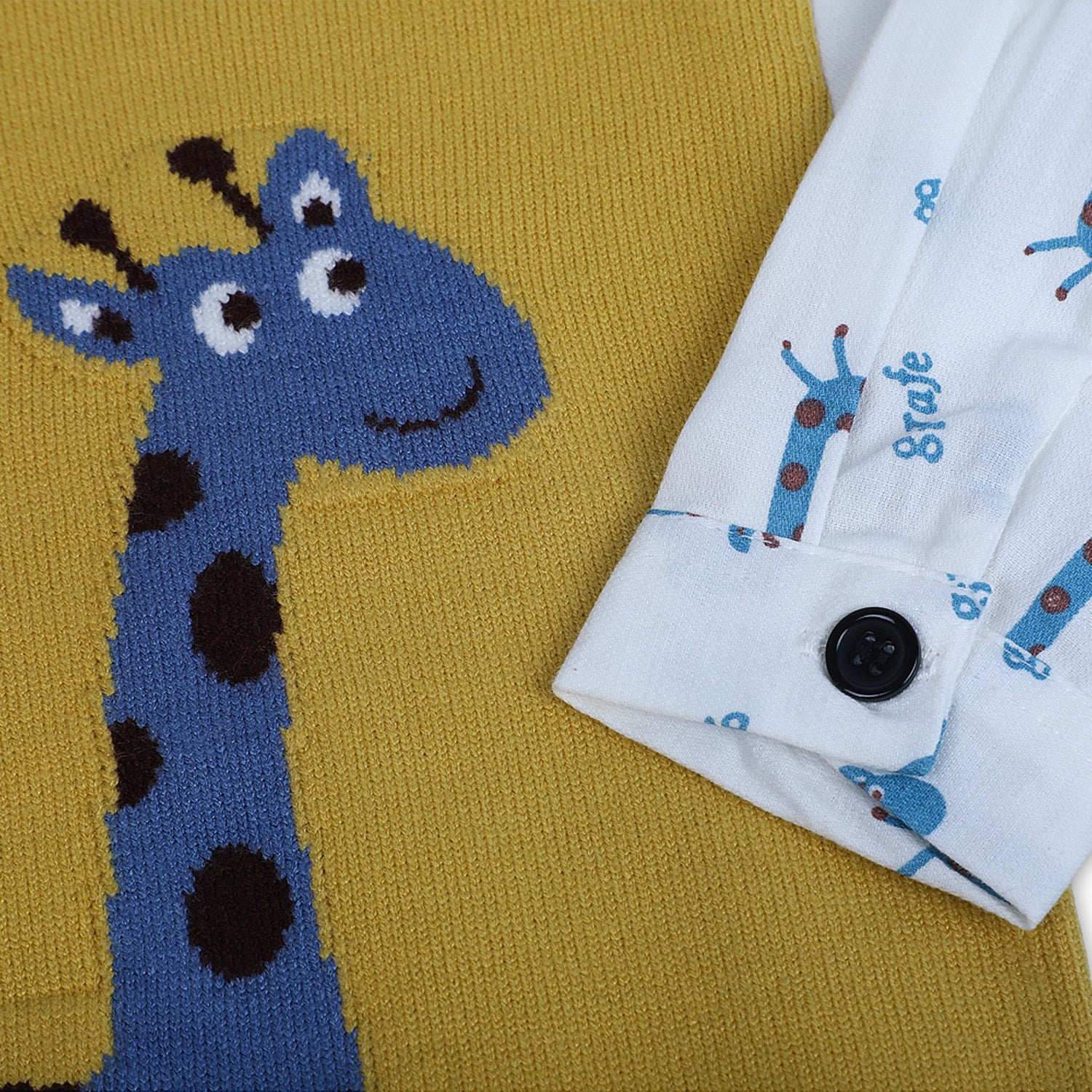 Cute Giraffe Premium Full Sleeves Knitted Sweater - Mustard And White - Baby Moo
