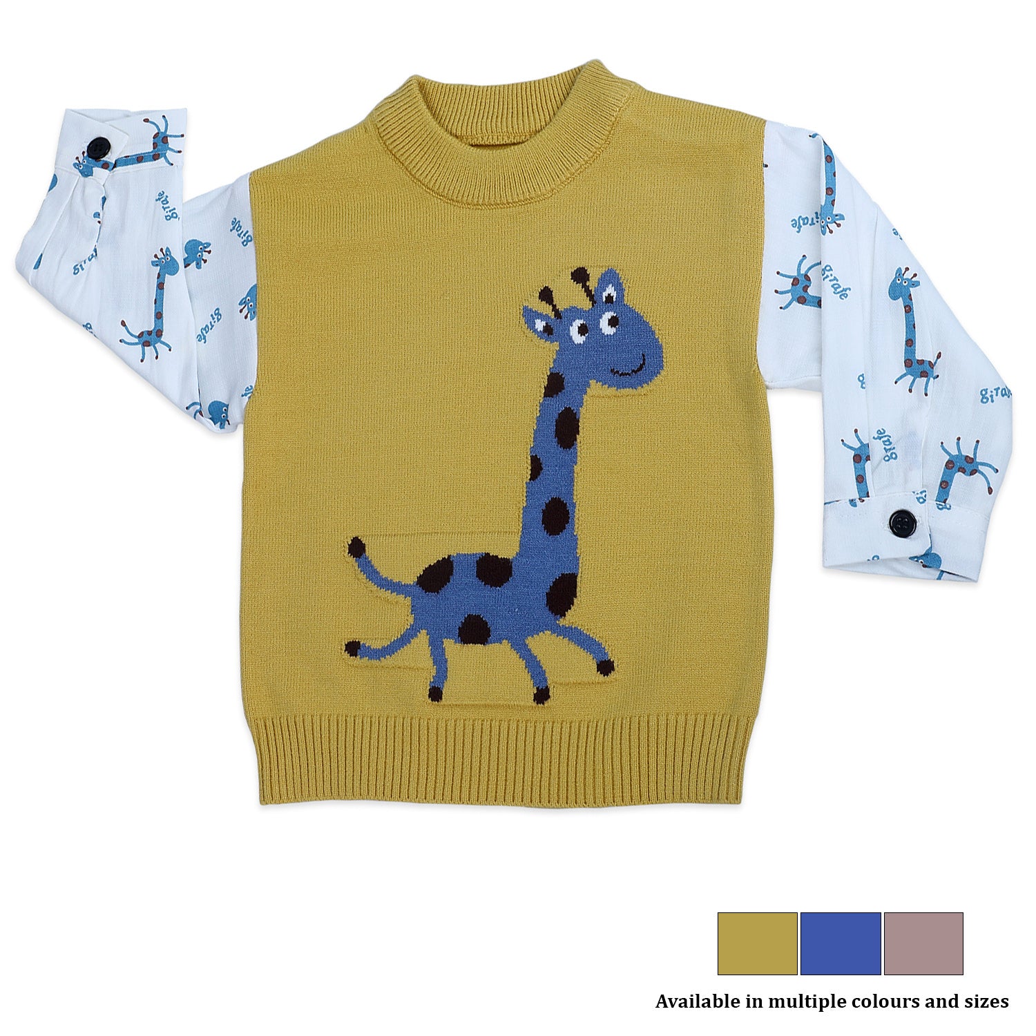 Cute Giraffe Premium Full Sleeves Knitted Sweater - Mustard And White - Baby Moo