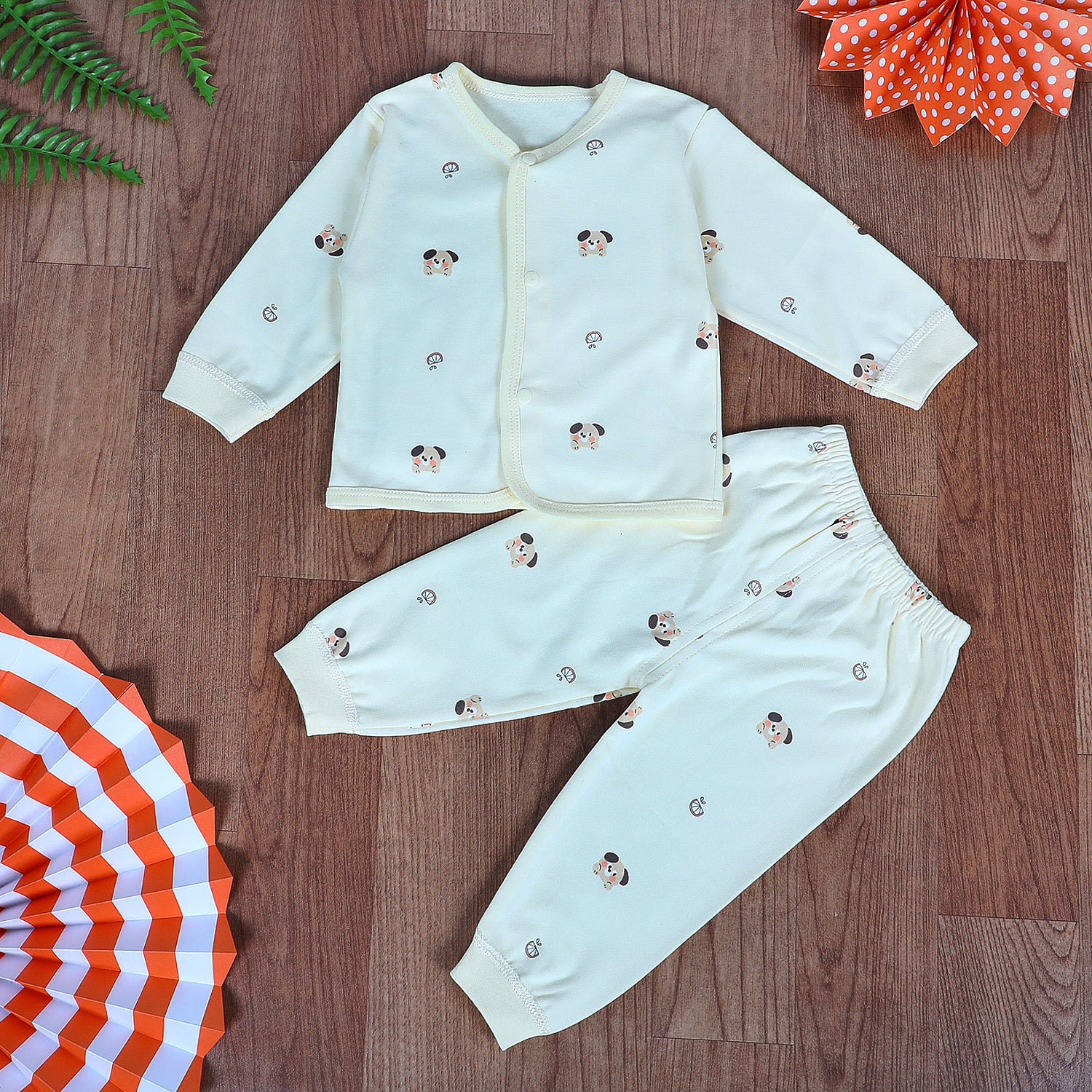 Cute Puppy Full Sleeves 2 Piece Buttoned Pyjama Set Night Suit - Yellow - Baby Moo