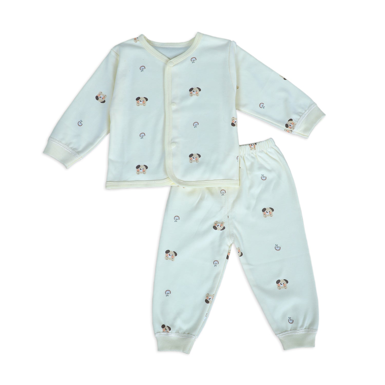 Cute Puppy Full Sleeves 2 Piece Buttoned Pyjama Set Night Suit - Yellow - Baby Moo