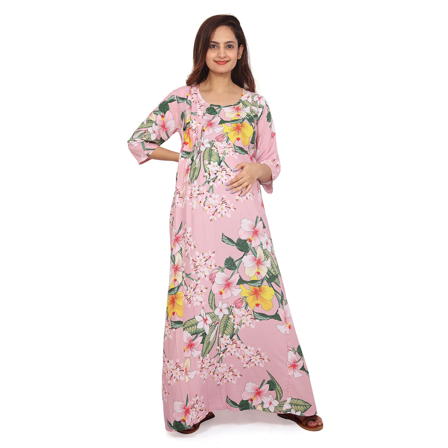 Baby Moo Full Length Comfortable Nursing And Maternity Dress Floral Lily - Pink