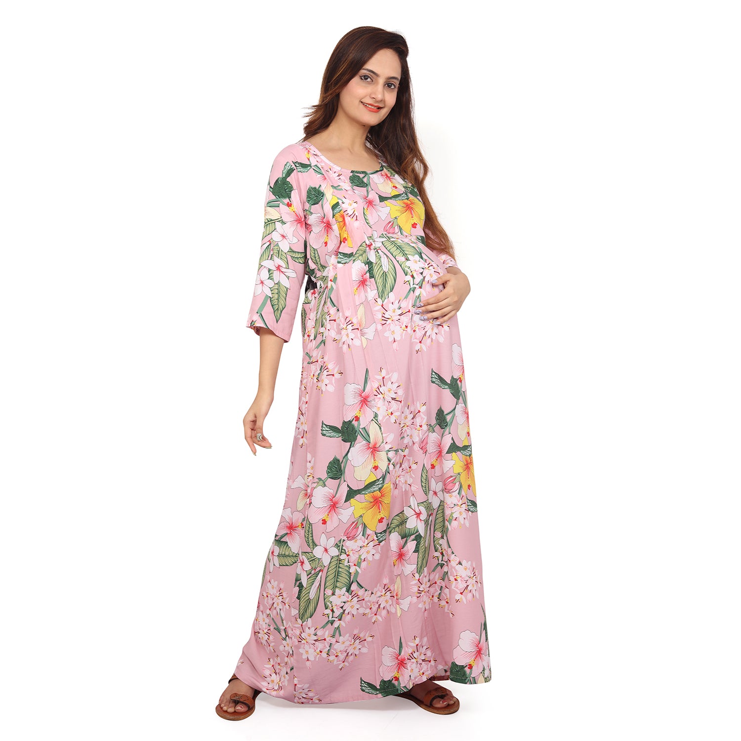 Baby Moo Full Length Comfortable Nursing And Maternity Dress Floral Lily - Pink - Baby Moo