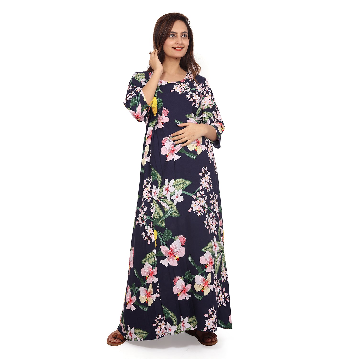 Baby Moo Full Length Comfortable Nursing And Maternity Dress Floral Lily - Blue