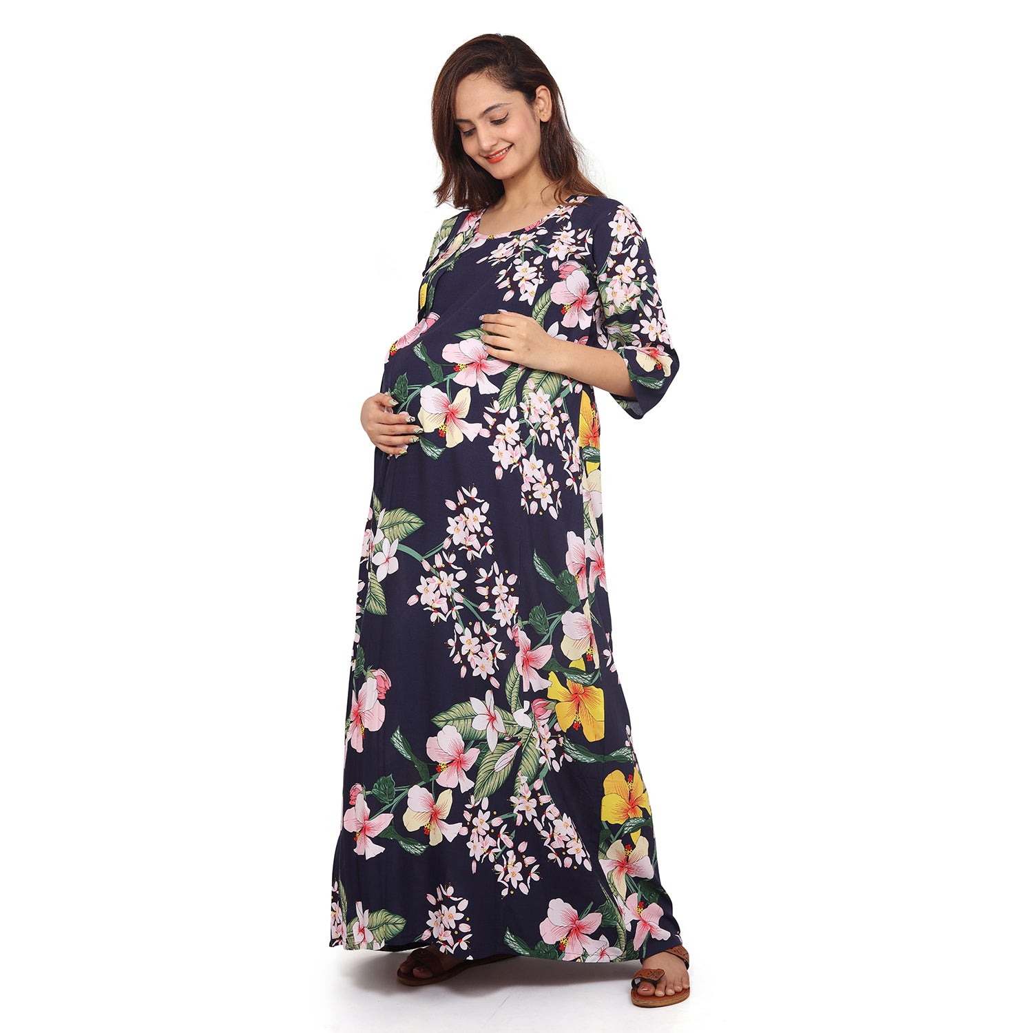 Baby Moo Full Length Comfortable Nursing And Maternity Dress Floral Lily - Blue - Baby Moo