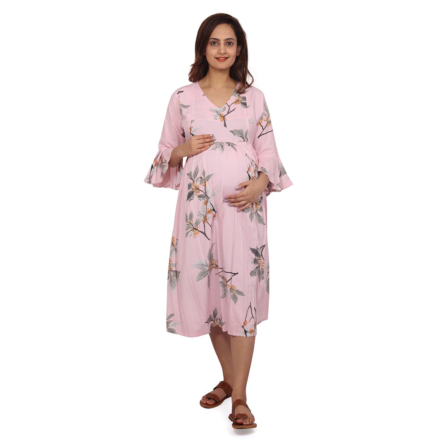 Baby Moo Half Sleeves Comfortable Nursing And Maternity Dress Flower Print - Pink - Baby Moo