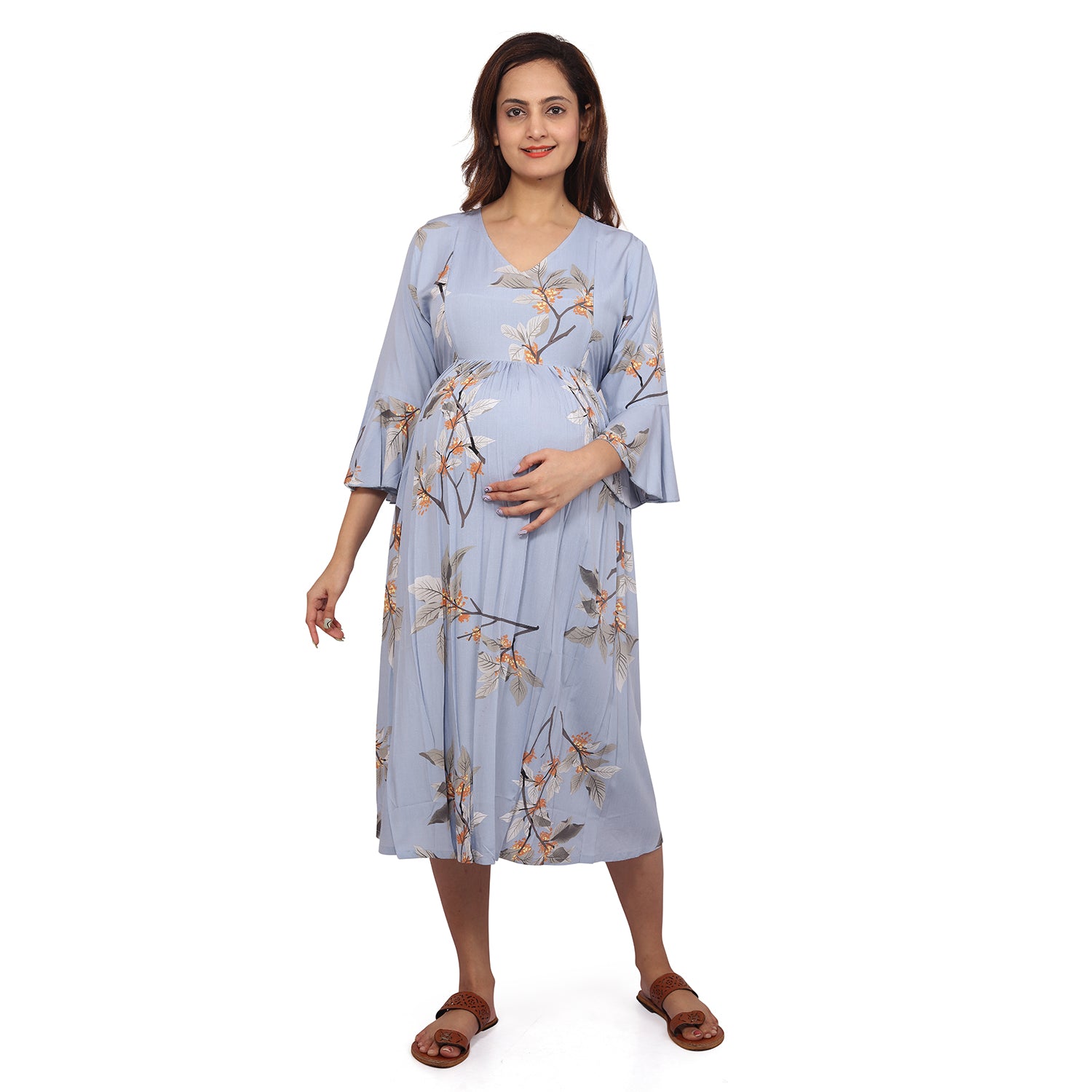 Baby Moo Half Bell Sleeves Comfortable Nursing And Maternity Dress Flower Print - Blue - Baby Moo