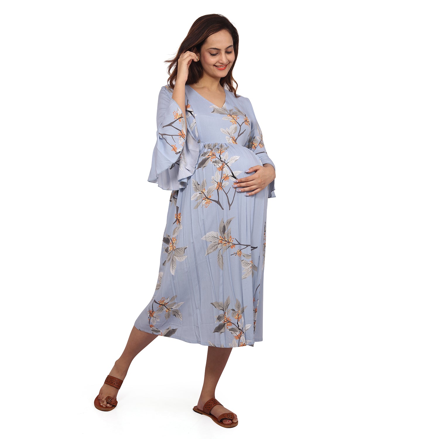 Baby Moo Half Bell Sleeves Comfortable Nursing And Maternity Dress Flower Print - Blue - Baby Moo