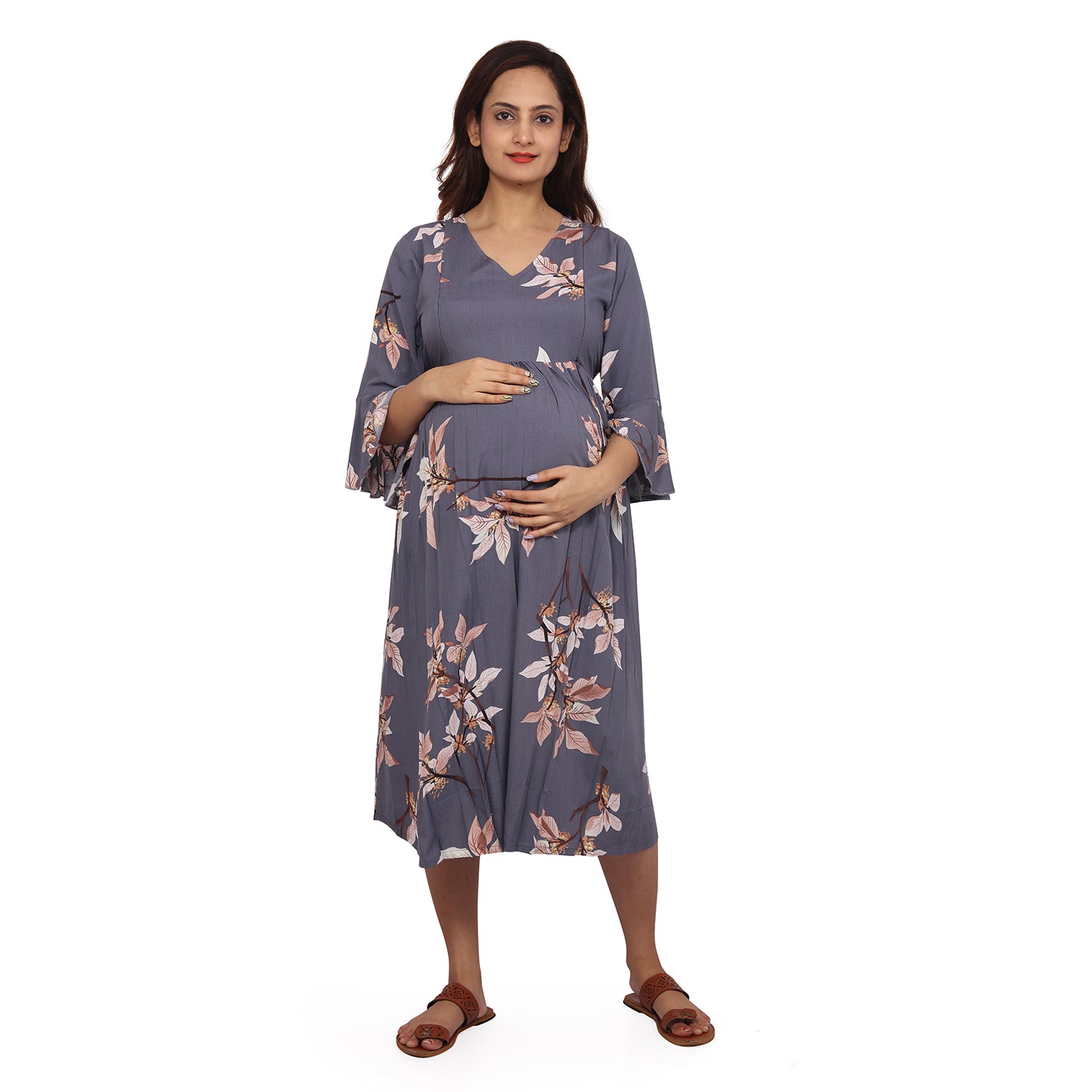 Baby Moo Half Bell Sleeves Comfortable Nursing And Maternity Dress Flower Print - Grey