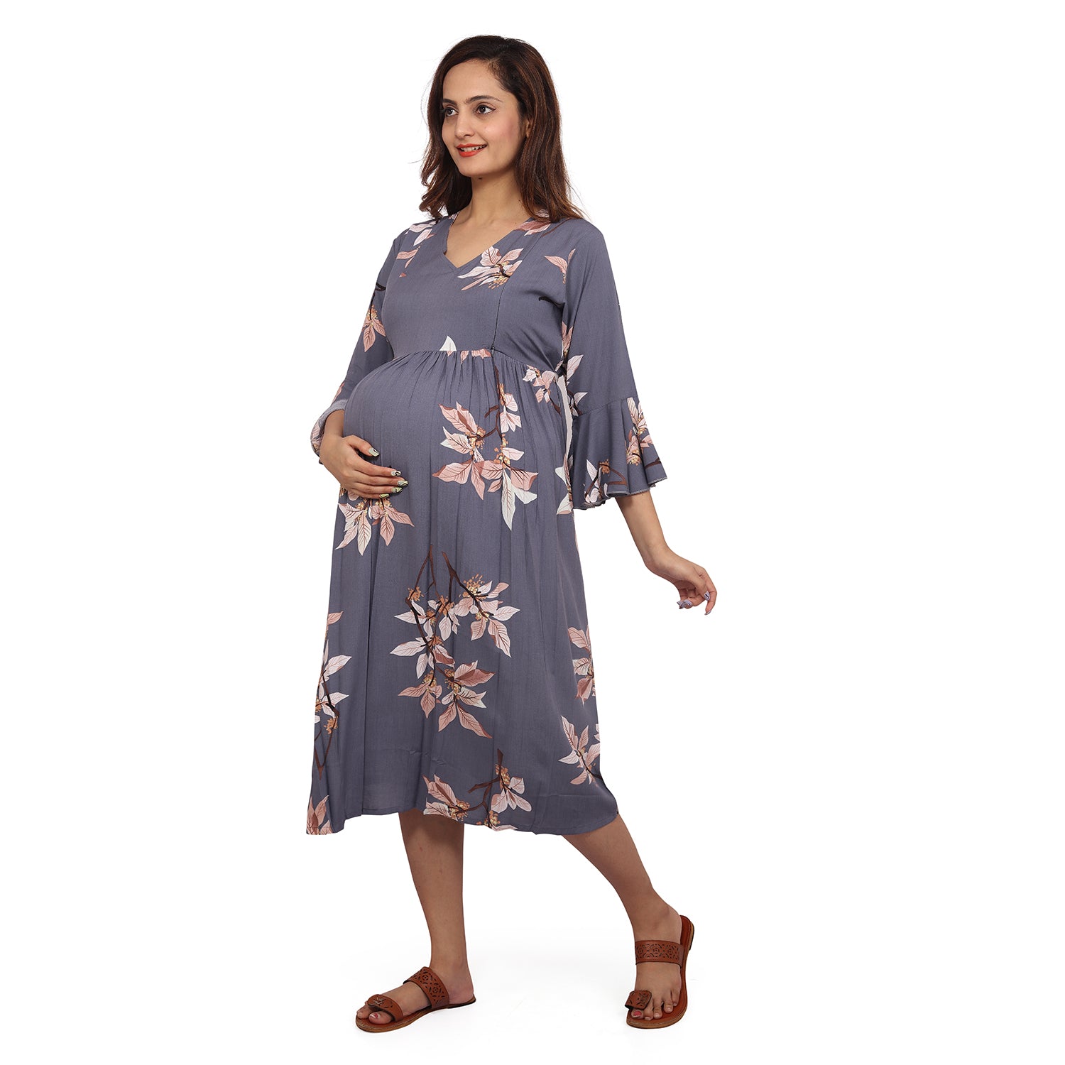 Baby Moo Half Bell Sleeves Comfortable Nursing And Maternity Dress Flower Print - Grey
