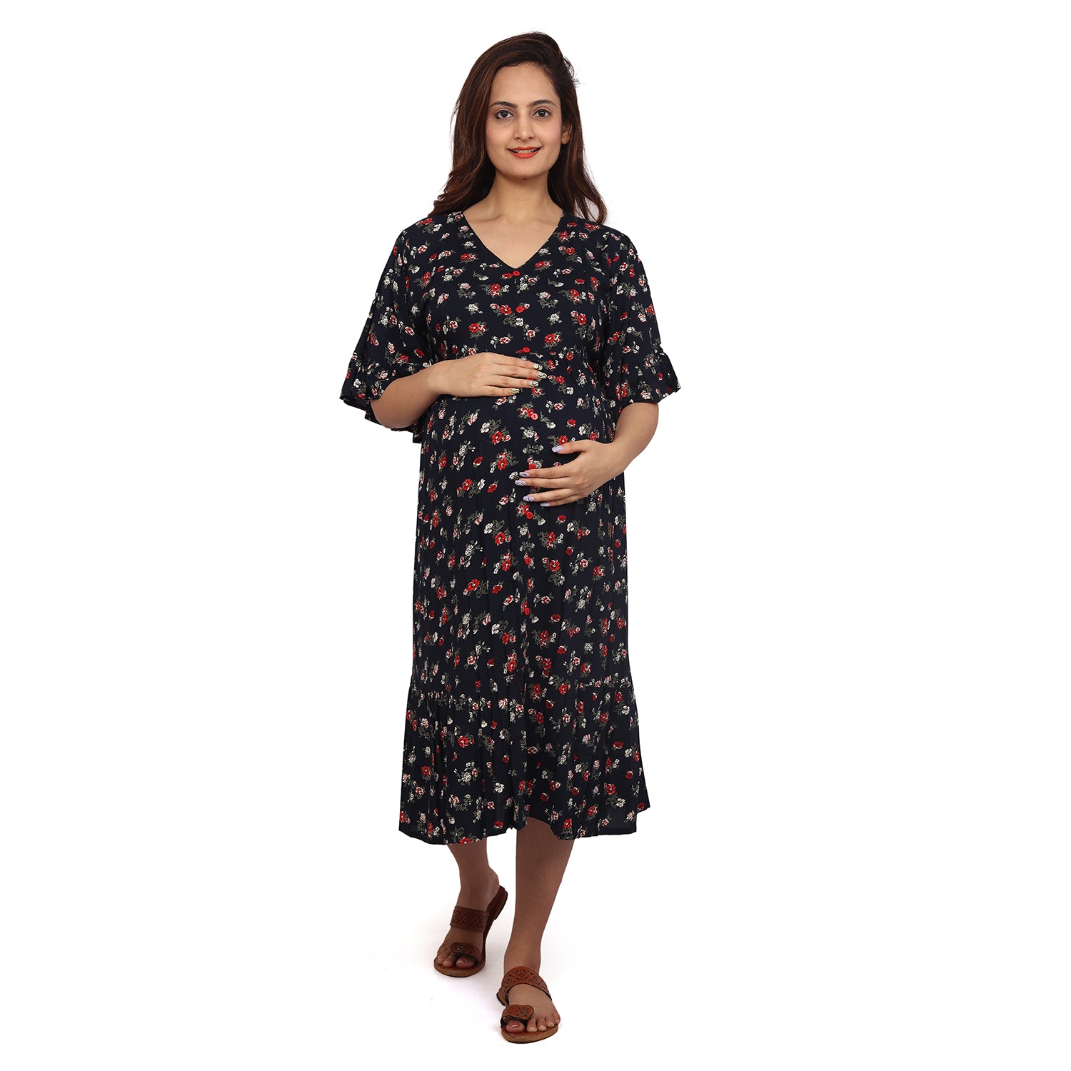 Baby Moo Half Sleeves Comfortable Nursing And Maternity Dress With Pocket Floral - Blue