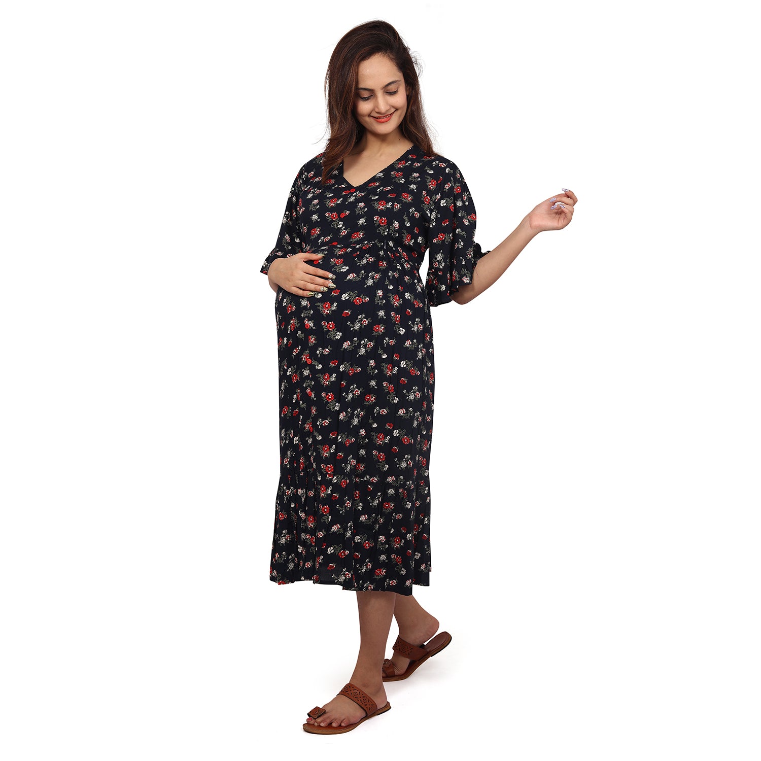 Baby Moo Half Sleeves Comfortable Nursing And Maternity Dress With Pocket Floral - Blue - Baby Moo