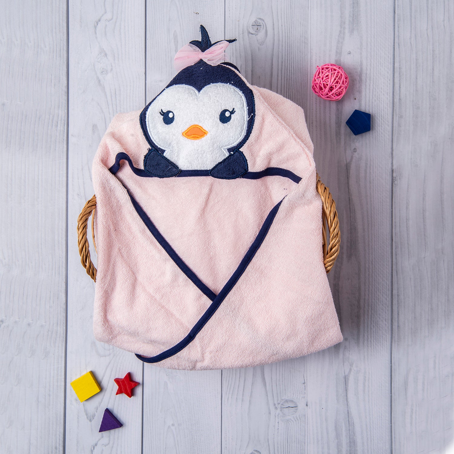 Bathing Hooded Towel 100% Cotton Pretty Penguin Pink - Baby Moo