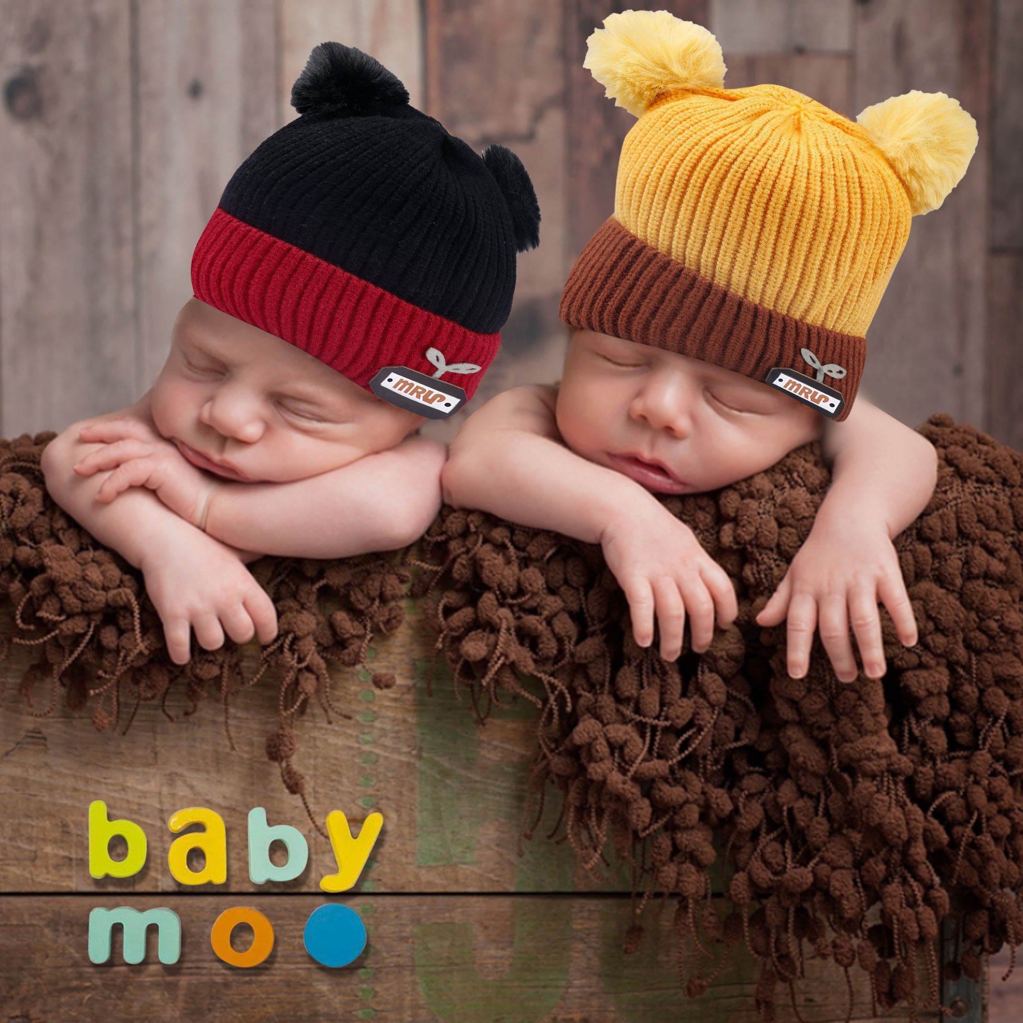 Pom Pom Black And Yellow 2 Pk Woolen Cap - Baby Moo