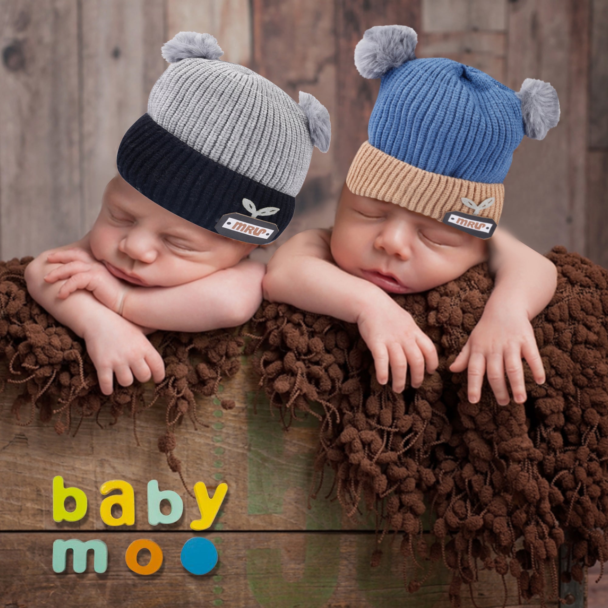 Pom Pom Blue And Grey 2 Pk Woolen Cap - Baby Moo