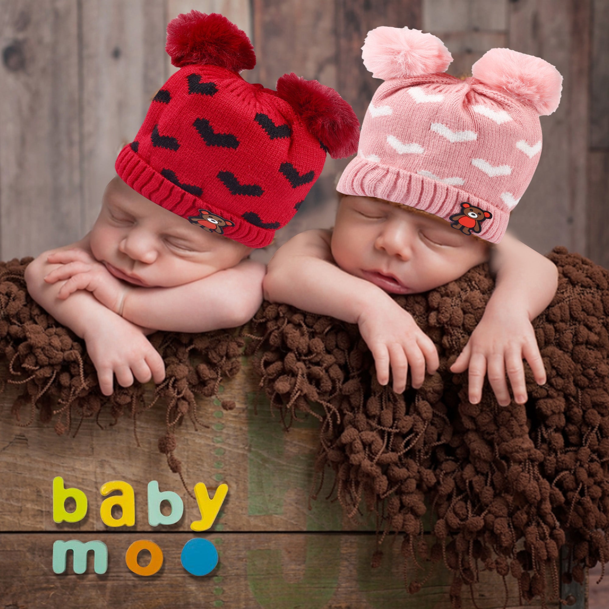 Pom Pom Hearts Red And Pink 2 Pk Woolen Cap - Baby Moo