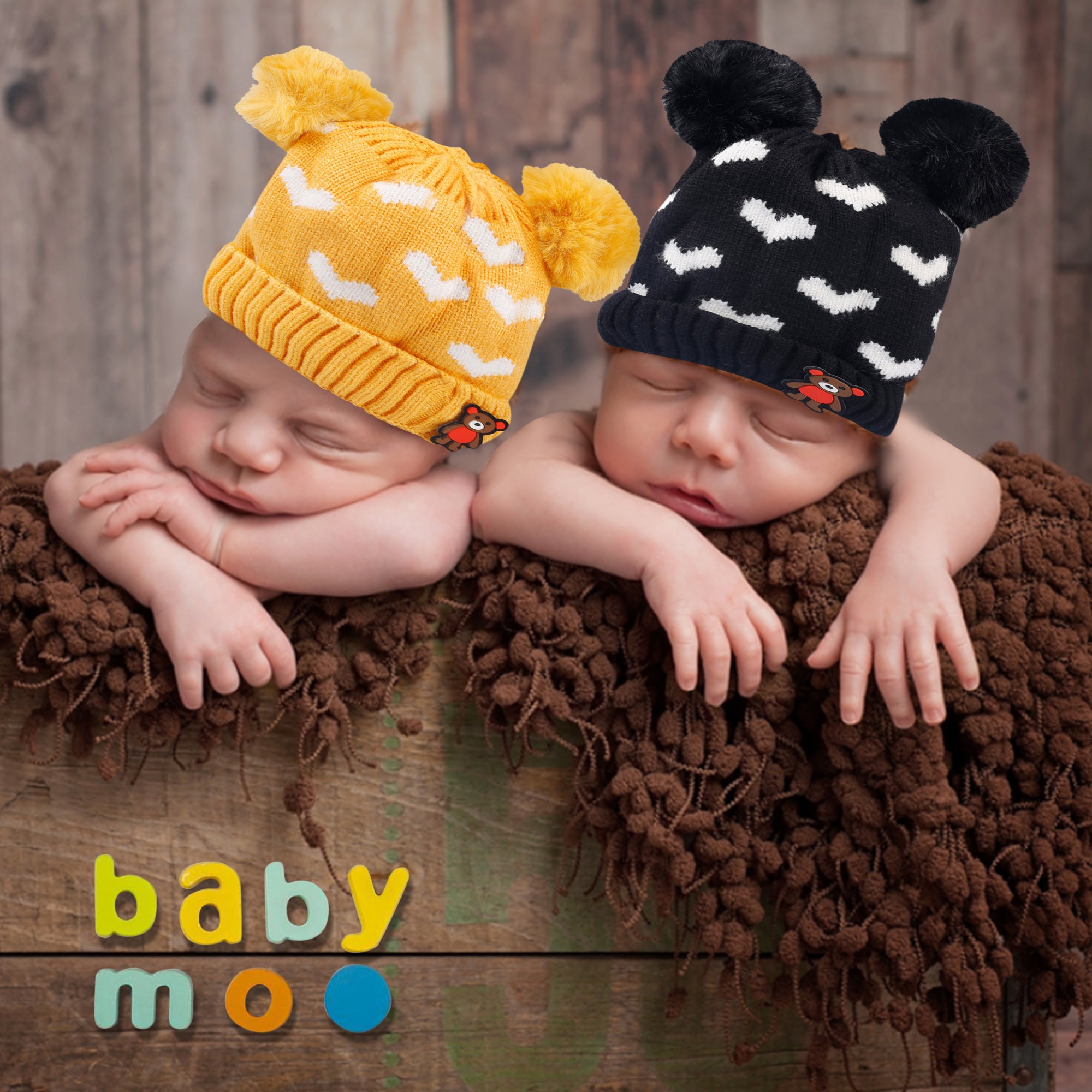 Pom Pom Hearts Black And Yellow 2 Pk Woolen Cap - Baby Moo