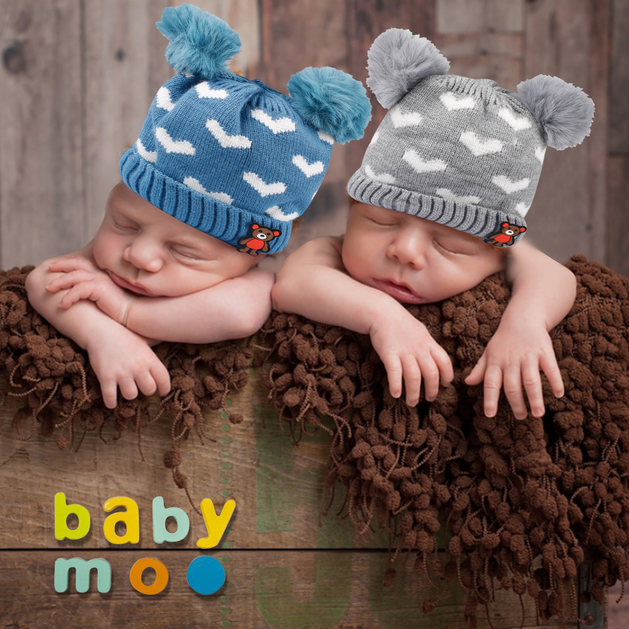 Pom Pom Hearts Blue And Grey 2 Pk Woolen Cap - Baby Moo