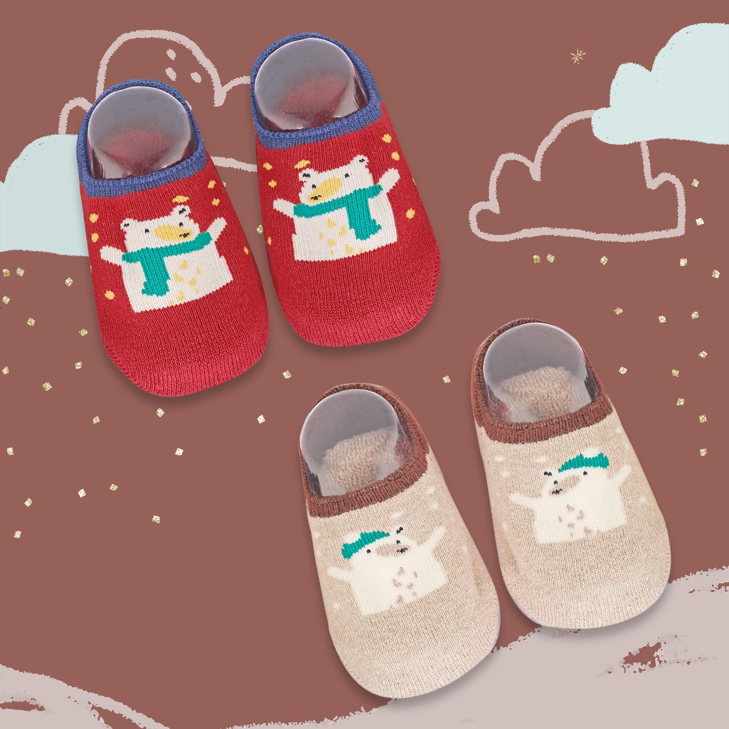 Bear In Snow Red And Beige 2 Pk Socks - Baby Moo