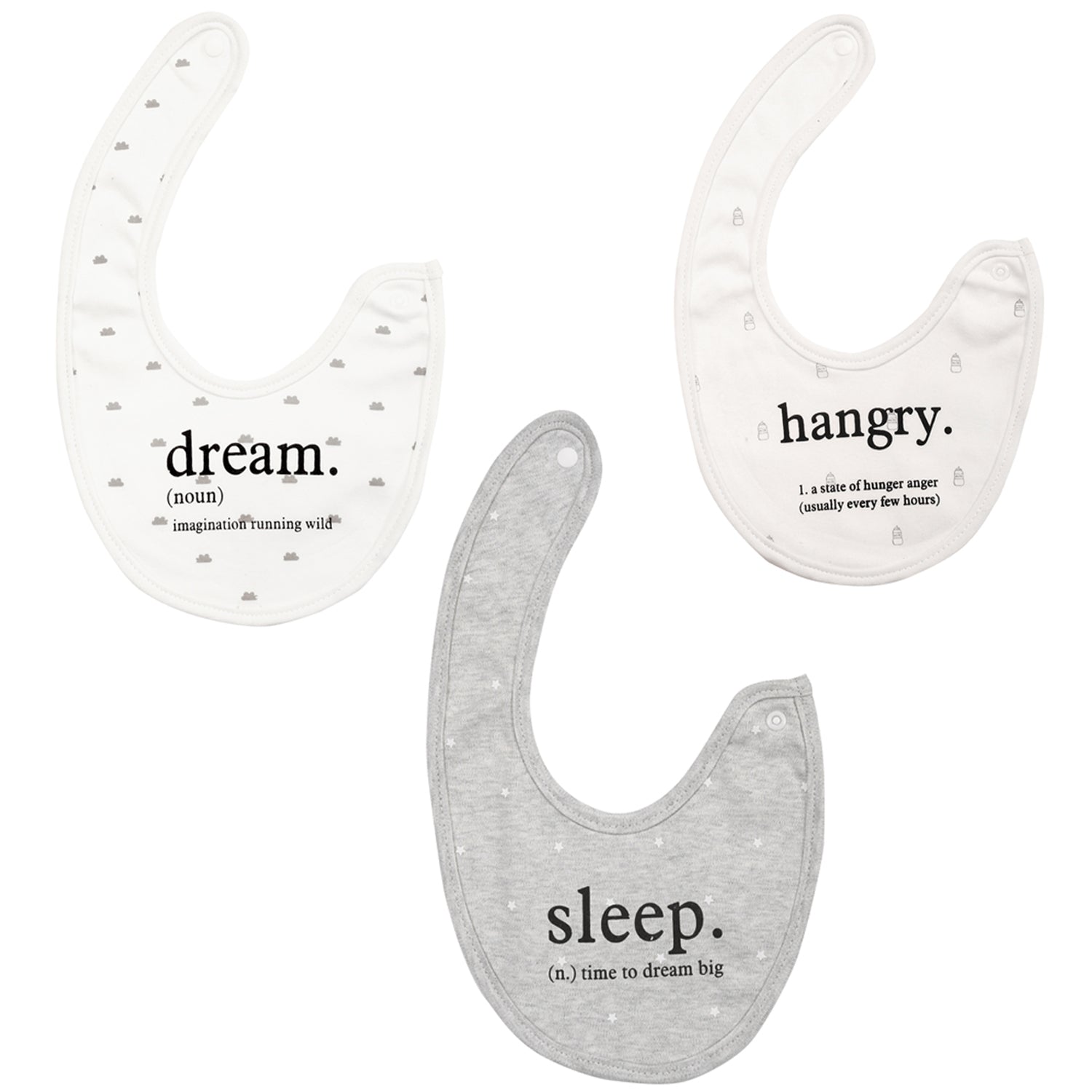 Eat, Sleep, Dream, Repeat Grey Tones 3 Pk Bibs - Baby Moo