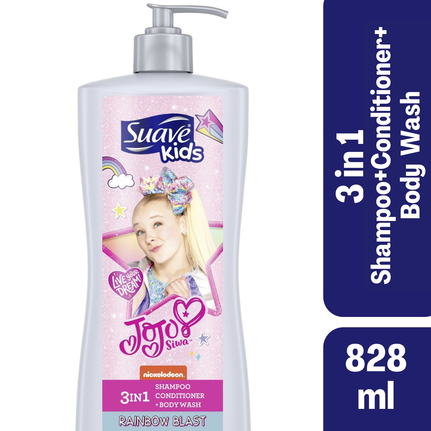 Suave Kids 3in1 Shampoo + Conditioner + Body Wash JoJo Siwa Rainbow Blast 828ml Grey - Baby Moo