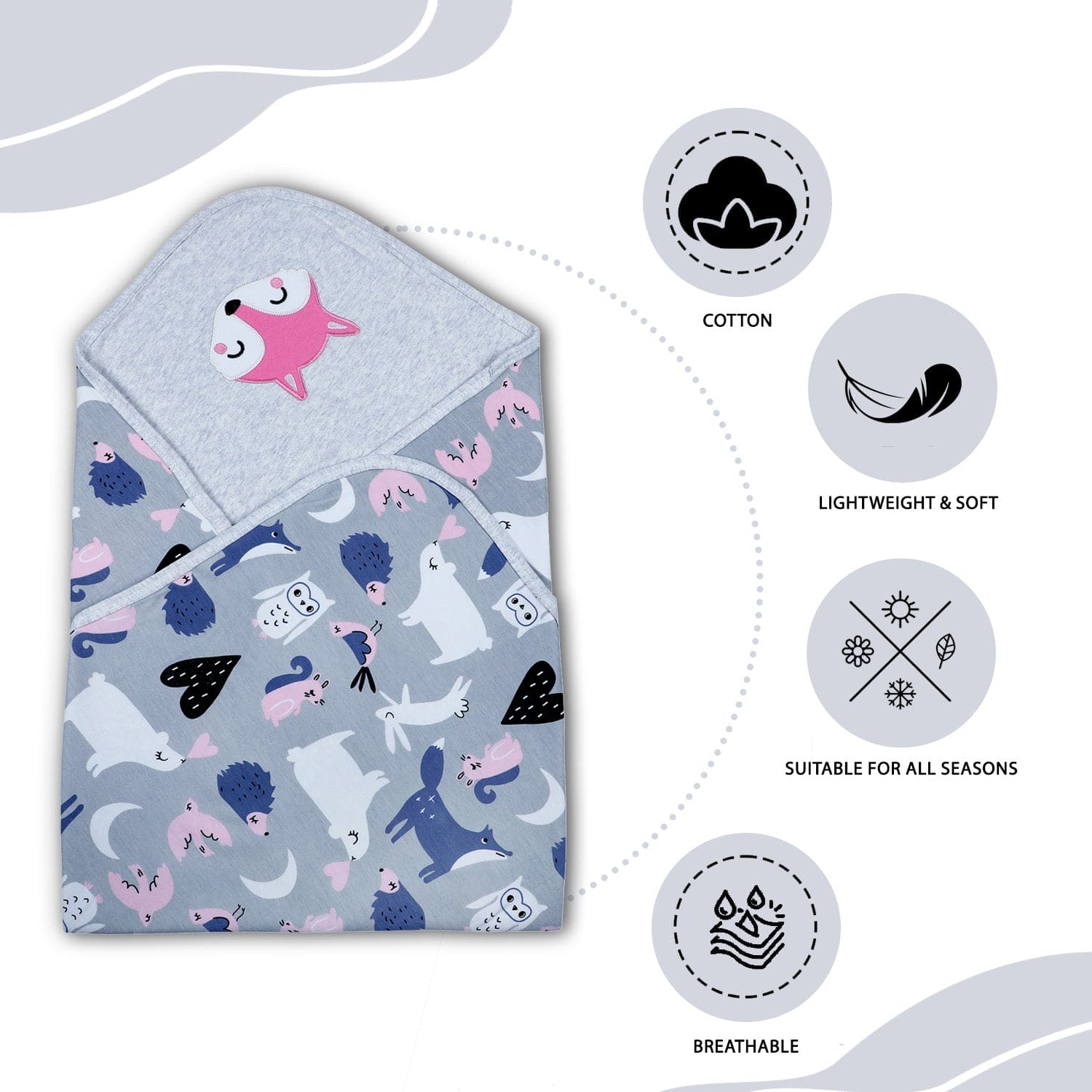 Baby Moo Sleepy Fox Soft Reversible Wrapper - Grey - Baby Moo