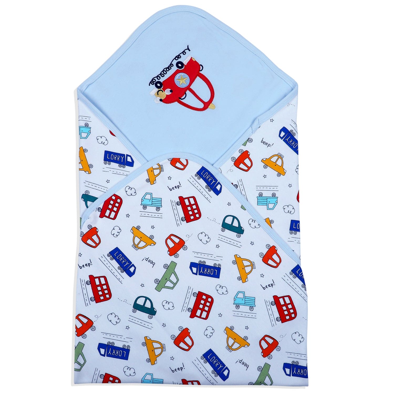 Baby Moo Traffic Jam Car Embroidery Soft Reversible Wrapper - Blue - Baby Moo