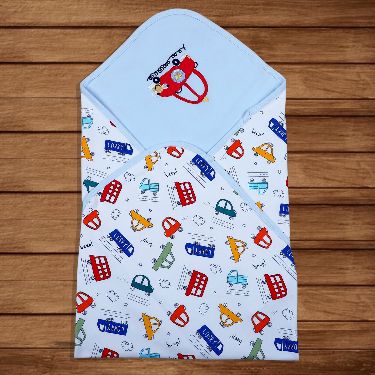 Baby Moo Traffic Jam Car Embroidery Soft Reversible Wrapper - Blue