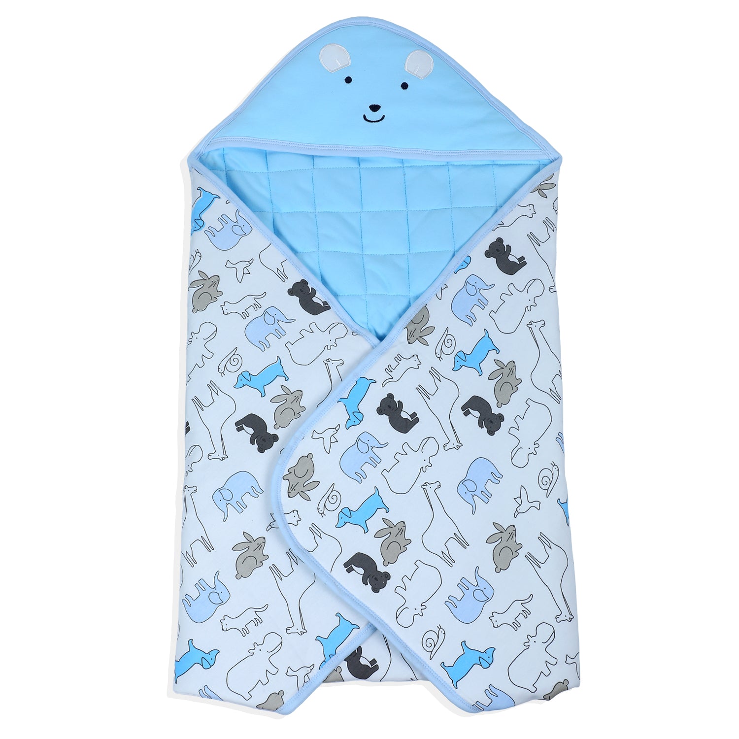 Baby Moo Mr Bear Warm Hooded Quilted Wrapper - Blue