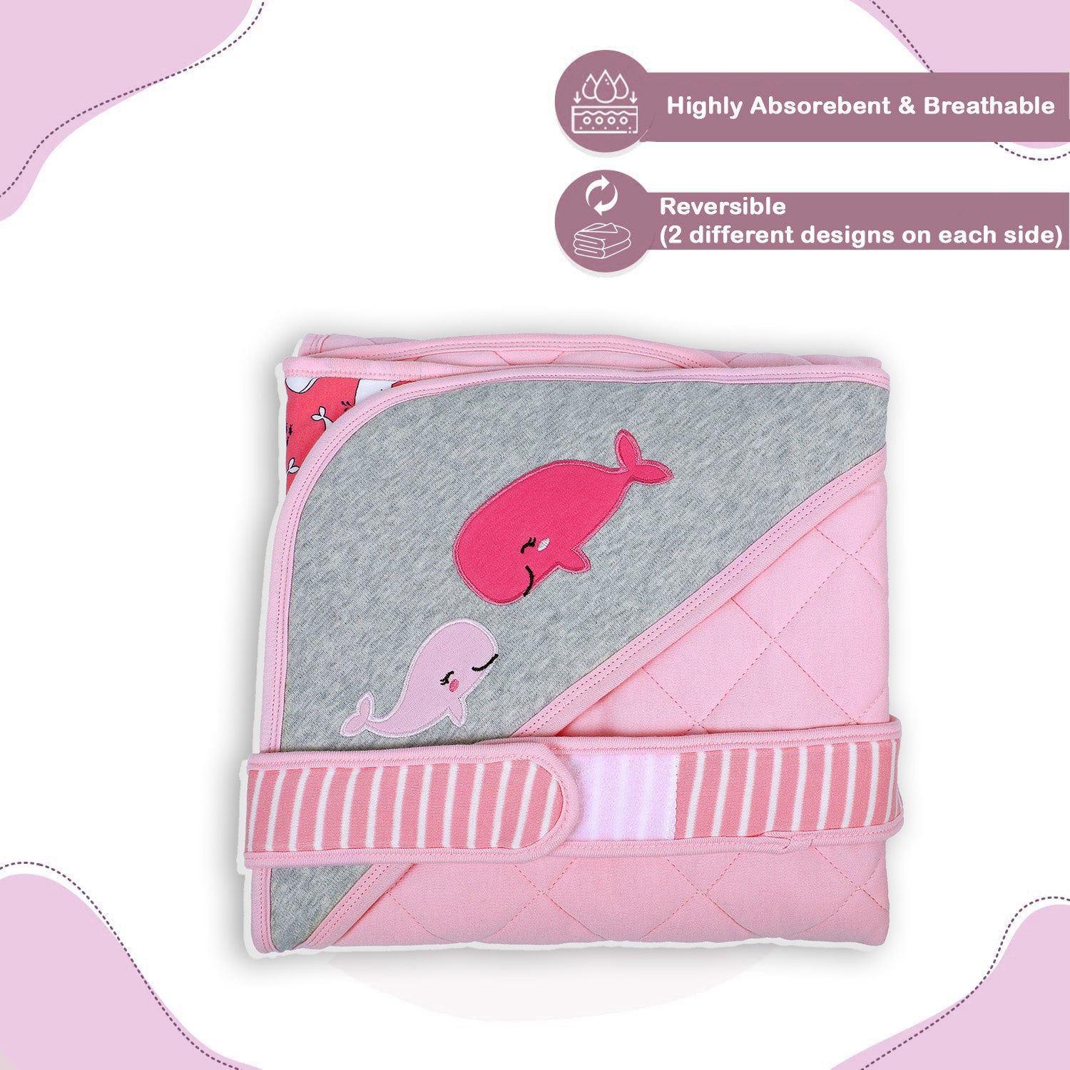 Baby Moo Whale Warm Hooded Quilted Wrapper - Pink - Baby Moo
