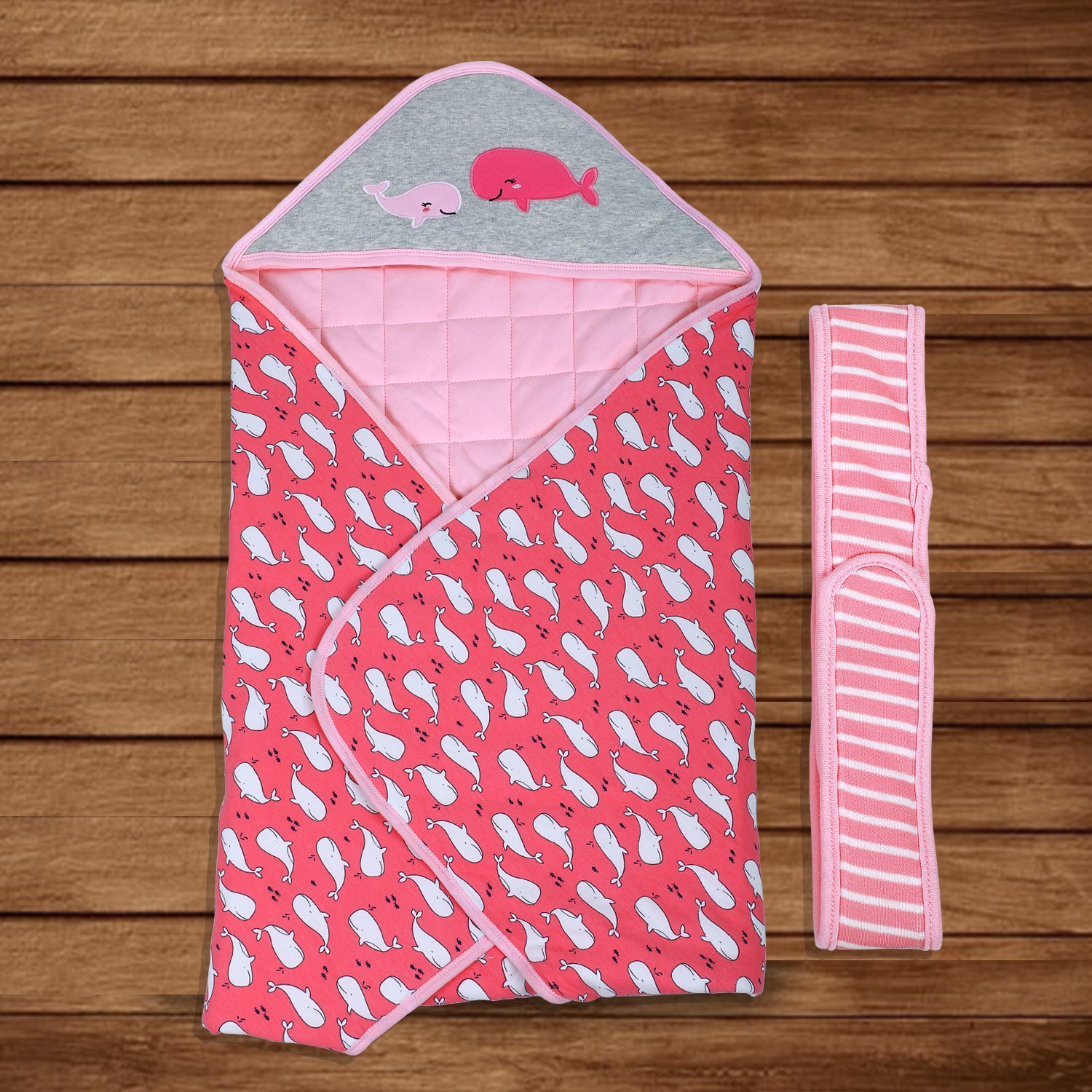 Baby Moo Whale Warm Hooded Quilted Wrapper - Pink