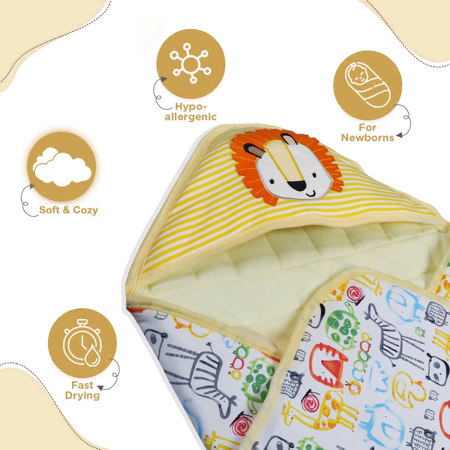 Baby Moo Roaring Lion Warm Hooded Quilted Wrapper - Yellow - Baby Moo