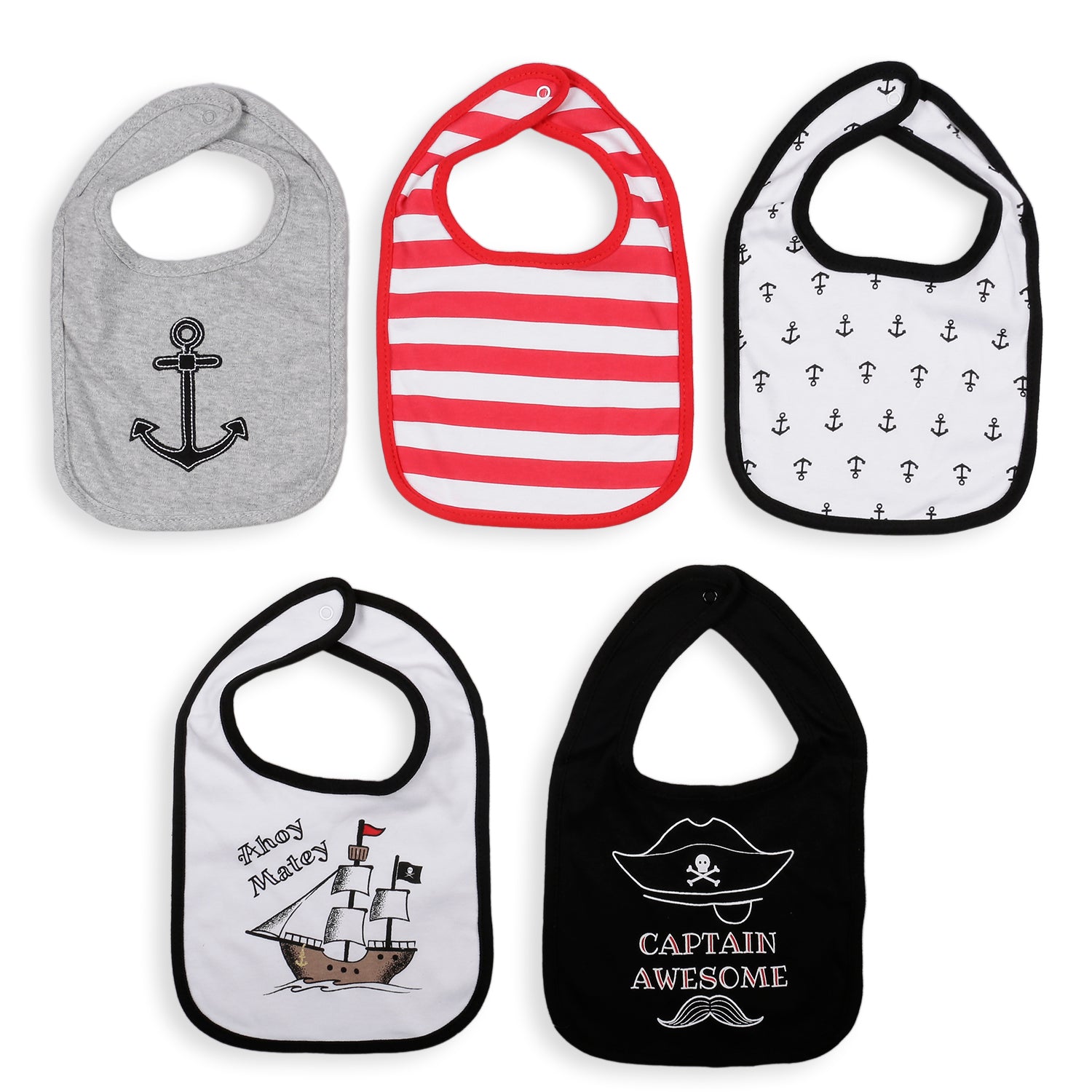 Feeding Bibs Pack Of 5 Captain Of The Ship White Black Red - Baby Moo