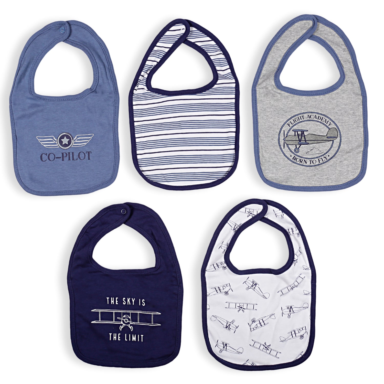 Feeding Bibs Pack Of 5 Born To Fly Co-Pilot Blue White Grey - Baby Moo