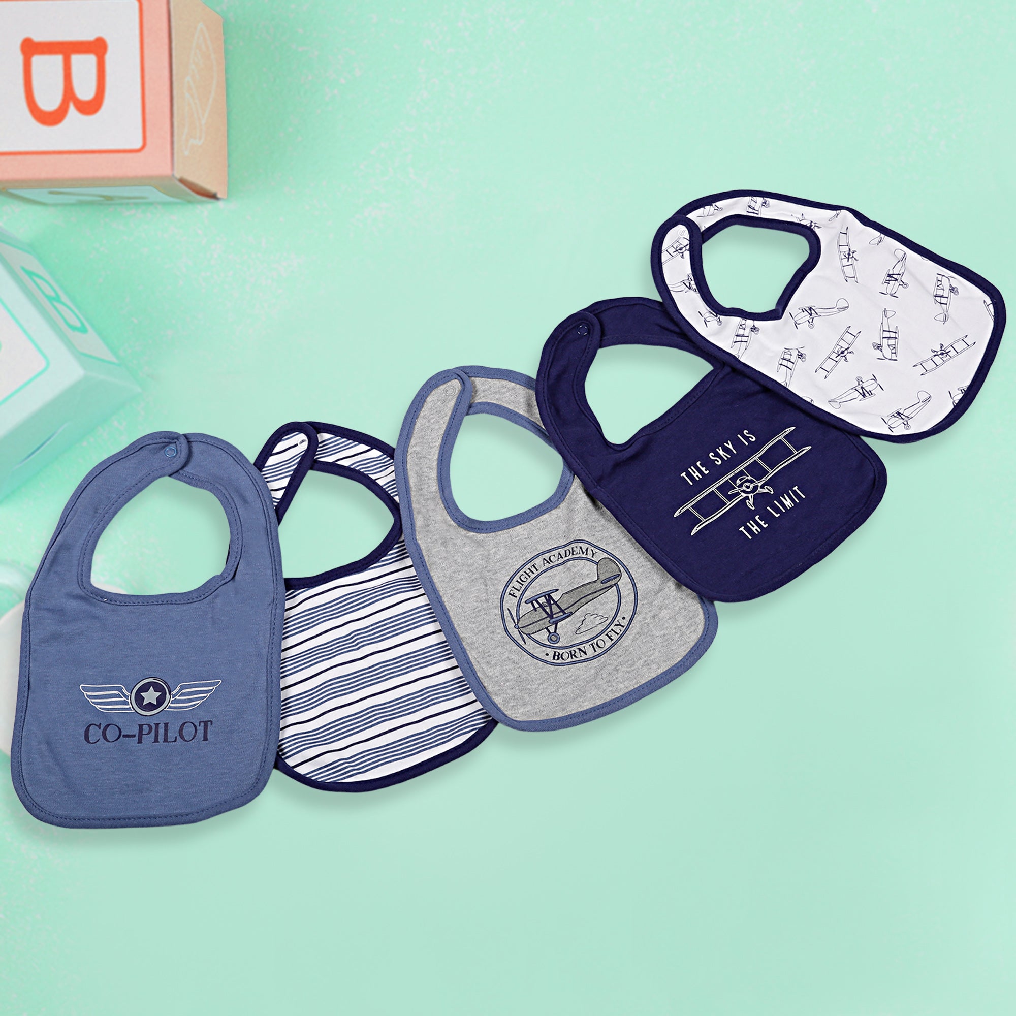 Feeding Bibs Pack Of 5 Born To Fly Co-Pilot Blue White Grey - Baby Moo