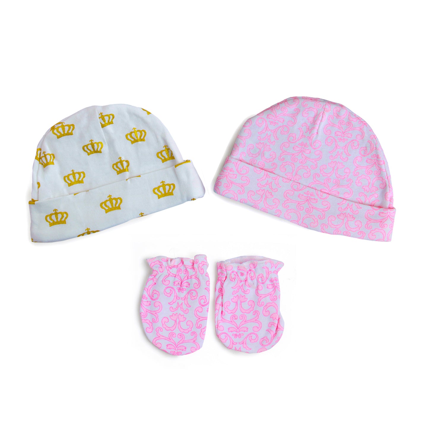 Mummy's Princess Pink Set Of 2 Caps And 1 Mitten - Baby Moo